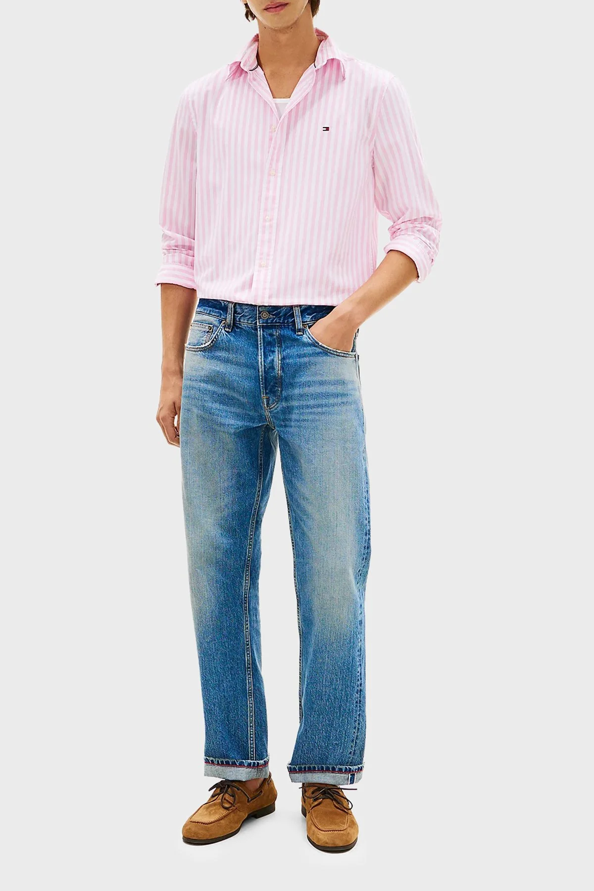 Tommy Hilfiger Pamuklu Regular Fit Çizgili Uzun Kollu Erkek Gömlek MW0MW42440 0D1 PEMBE-BEYAZ - 2