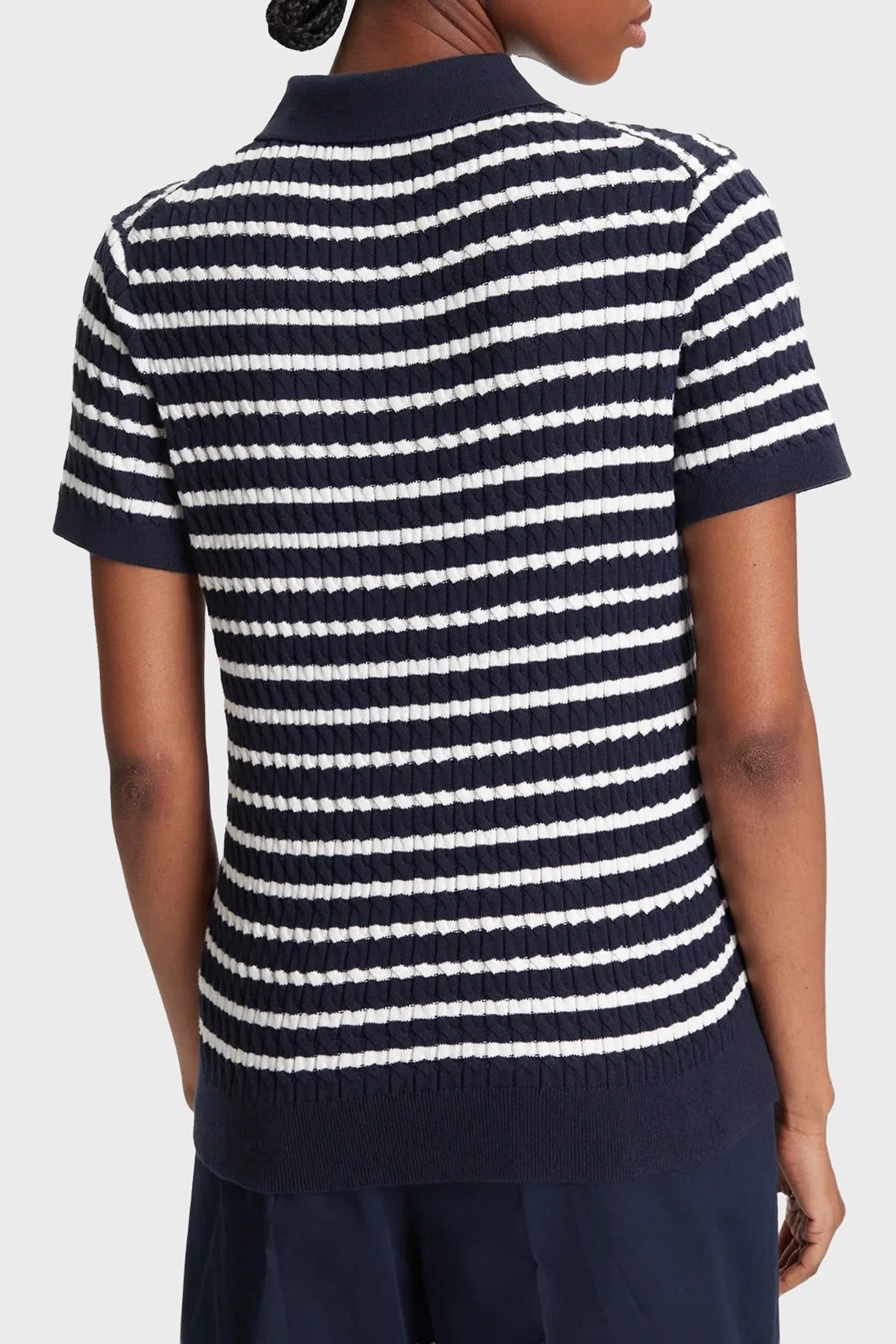 Tommy Hilfiger Pamuklu Regular Fit Düğmeli Polo Yaka Çizgili Kısa Kollu Bayan Kazak WW0WW41474 0BB LACİVERT - 3