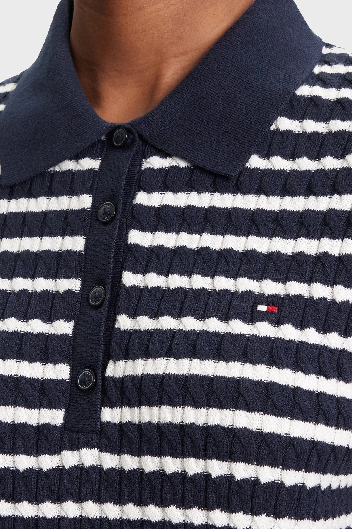 Tommy Hilfiger Pamuklu Regular Fit Düğmeli Polo Yaka Çizgili Kısa Kollu Bayan Kazak WW0WW41474 0BB LACİVERT - 5