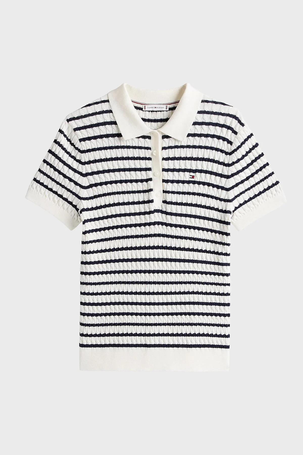 Tommy Hilfiger Pamuklu Regular Fit Düğmeli Polo Yaka Çizgili Kısa Kollu Bayan Kazak WW0WW41474 0FG BEYAZ-LACİVERT - 5