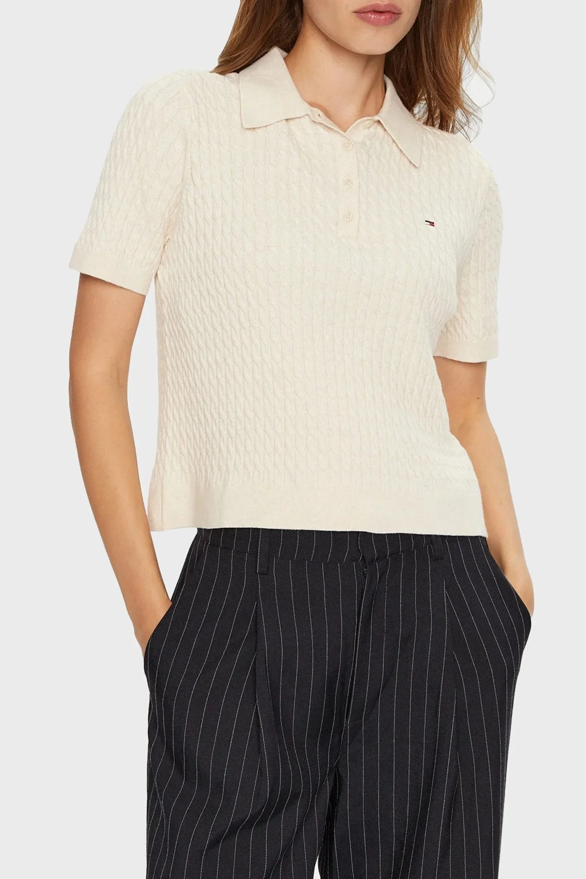 Tommy Hilfiger Pamuklu Regular Fit Düğmeli Polo Yaka Kısa Örme Bayan Kazak WW0WW43957 0F5 BEJ - 6