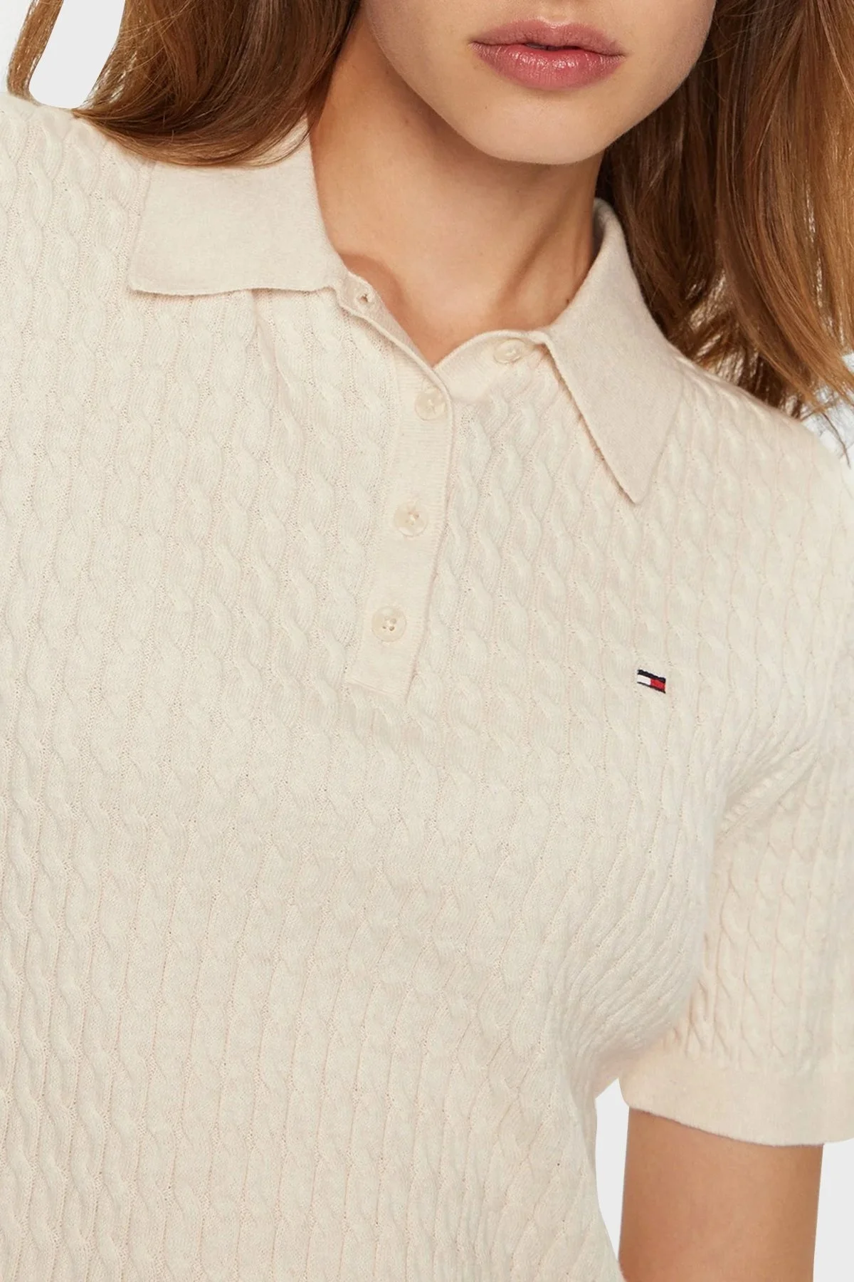 Tommy Hilfiger Pamuklu Regular Fit Düğmeli Polo Yaka Kısa Örme Bayan Kazak WW0WW43957 0F5 BEJ - 9