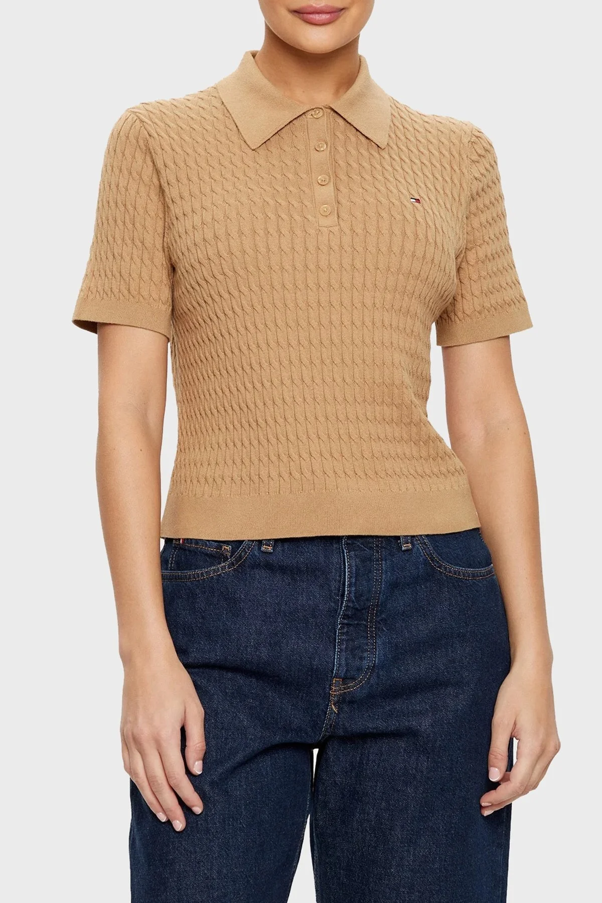 Tommy Hilfiger Pamuklu Regular Fit Düğmeli Polo Yaka Kısa Örme Bayan Kazak WW0WW43957 RBC KOYU HAKİ - 6