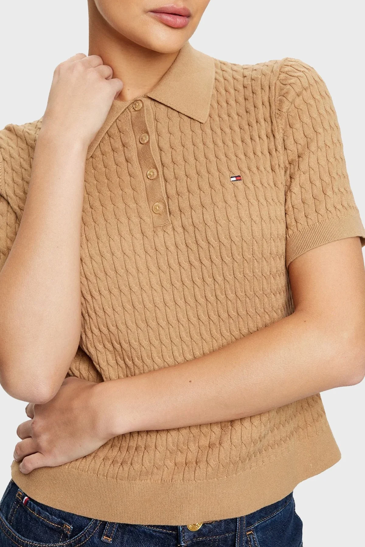 Tommy Hilfiger Pamuklu Regular Fit Düğmeli Polo Yaka Kısa Örme Bayan Kazak WW0WW43957 RBC KOYU HAKİ - 10