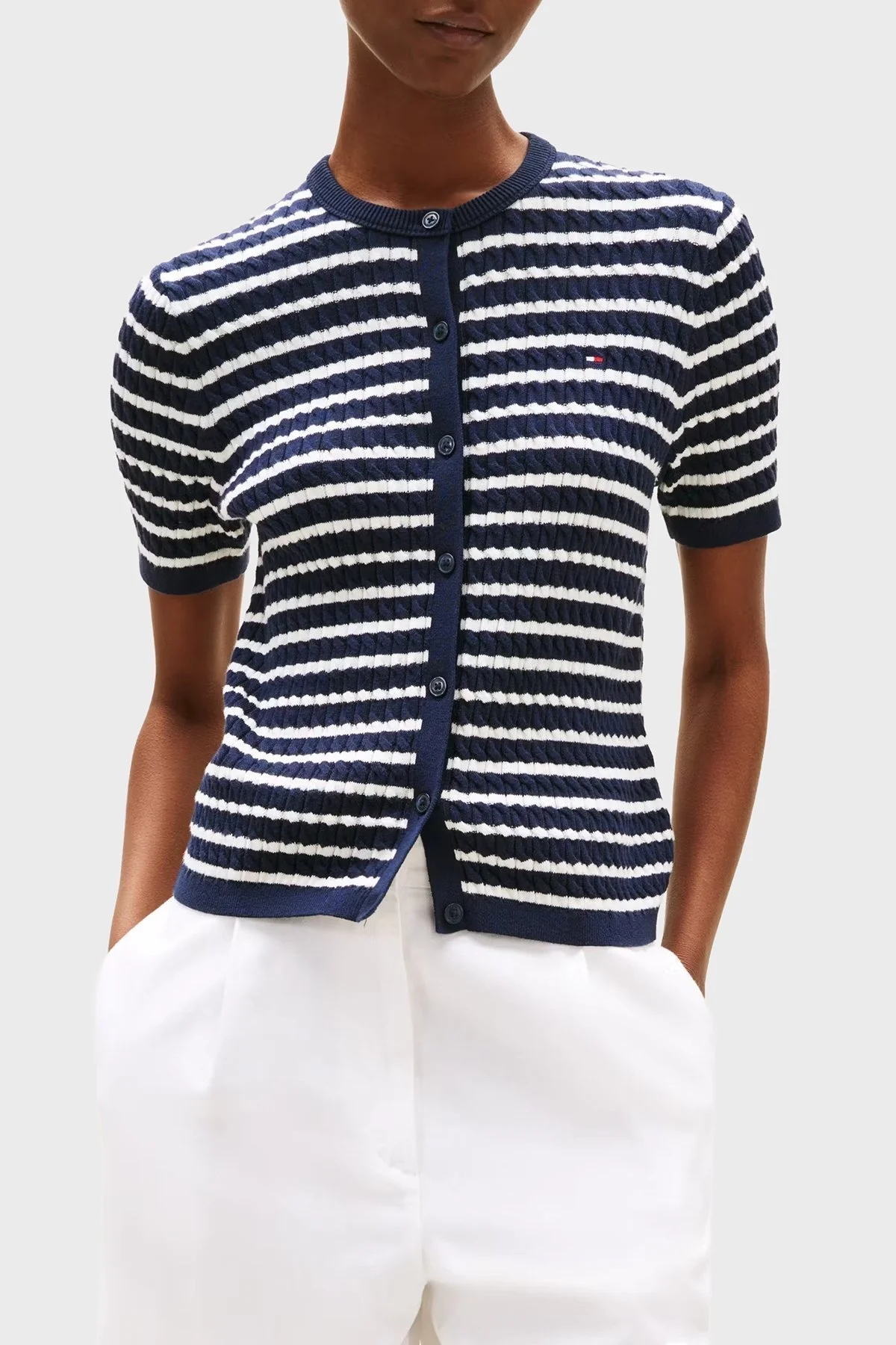 Tommy Hilfiger Pamuklu Regular Fit Kısa Kollu Bisiklet Yaka Kısa Örgü Bayan Hırka WW0WW45707 0BB LACİVERT-BEYAZ - 1