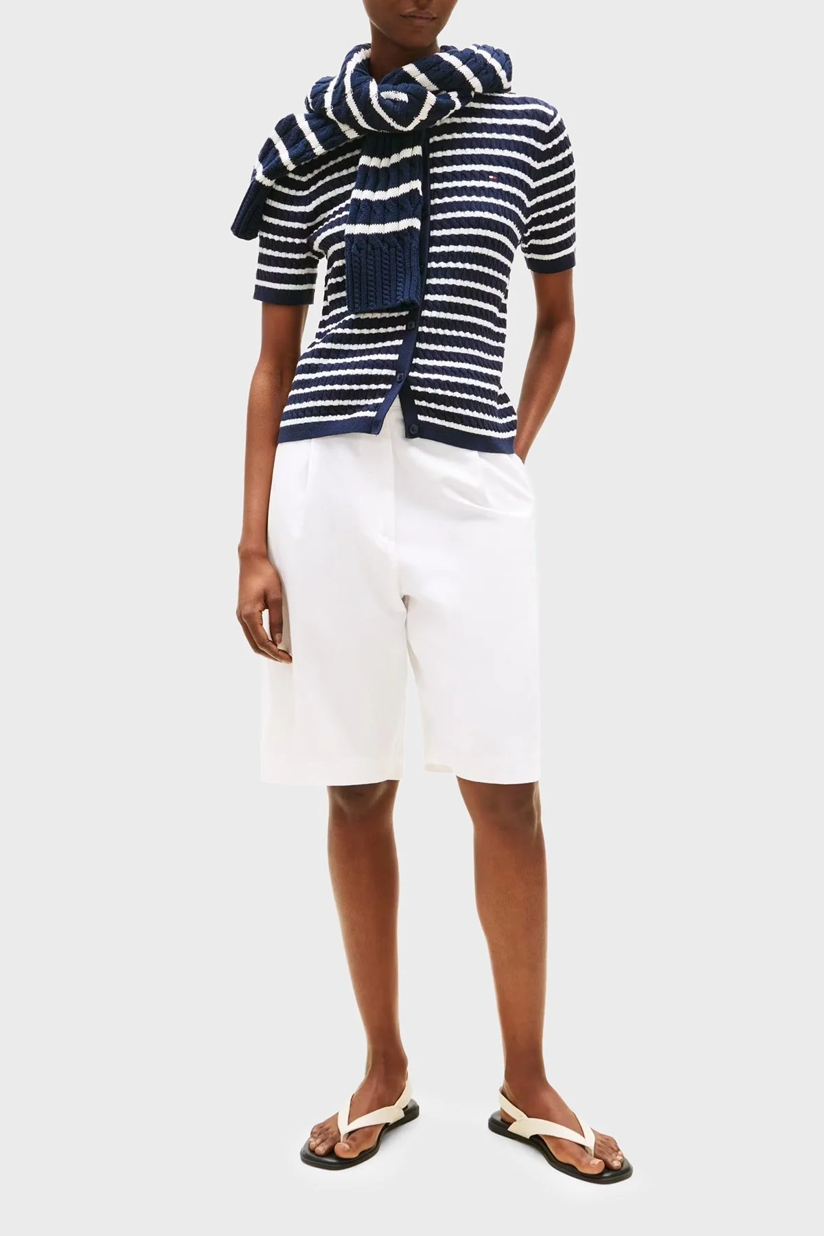 Tommy Hilfiger Pamuklu Regular Fit Kısa Kollu Bisiklet Yaka Kısa Örgü Bayan Hırka WW0WW45707 0BB LACİVERT-BEYAZ - 2