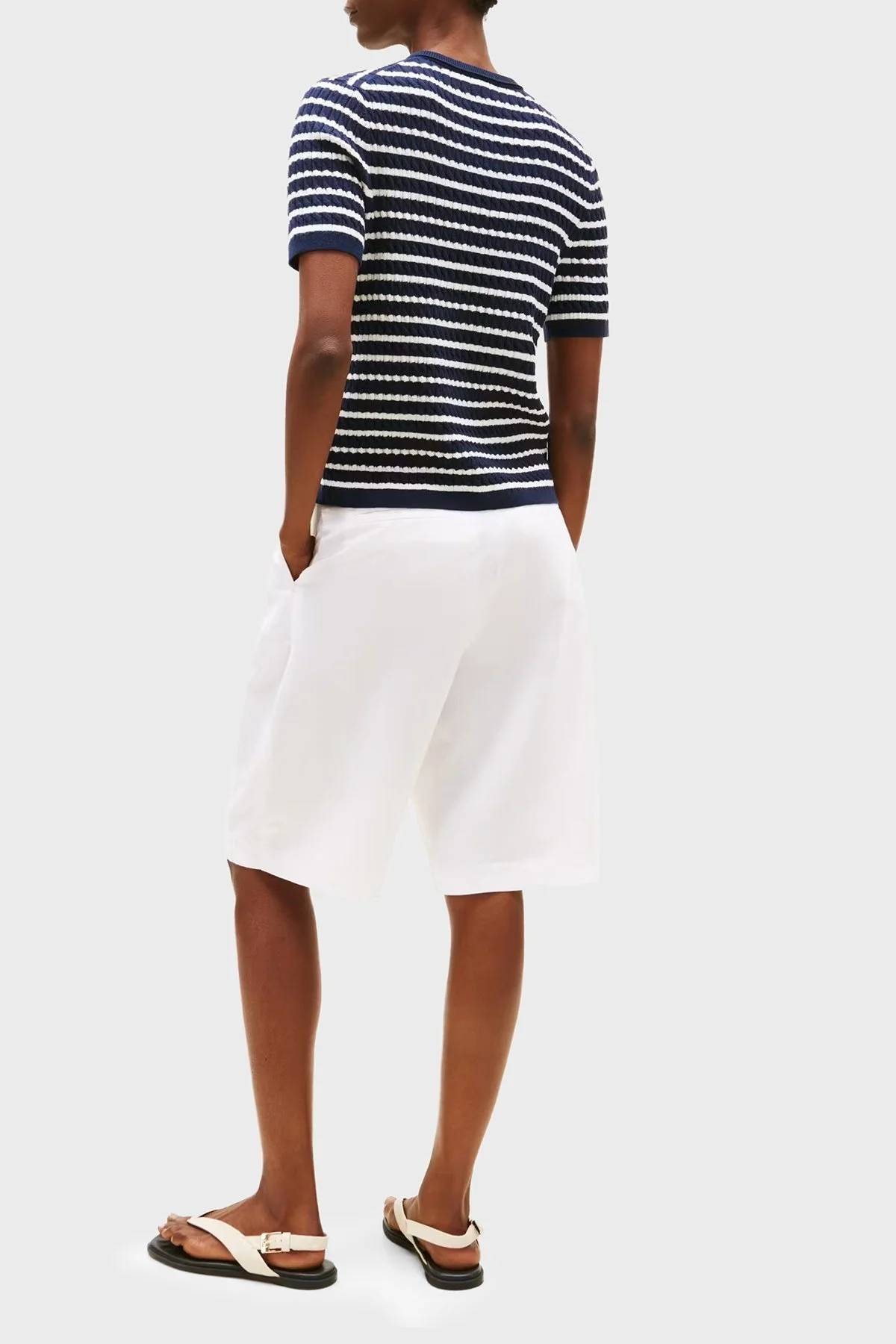 Tommy Hilfiger Pamuklu Regular Fit Kısa Kollu Bisiklet Yaka Kısa Örgü Bayan Hırka WW0WW45707 0BB LACİVERT-BEYAZ - 3