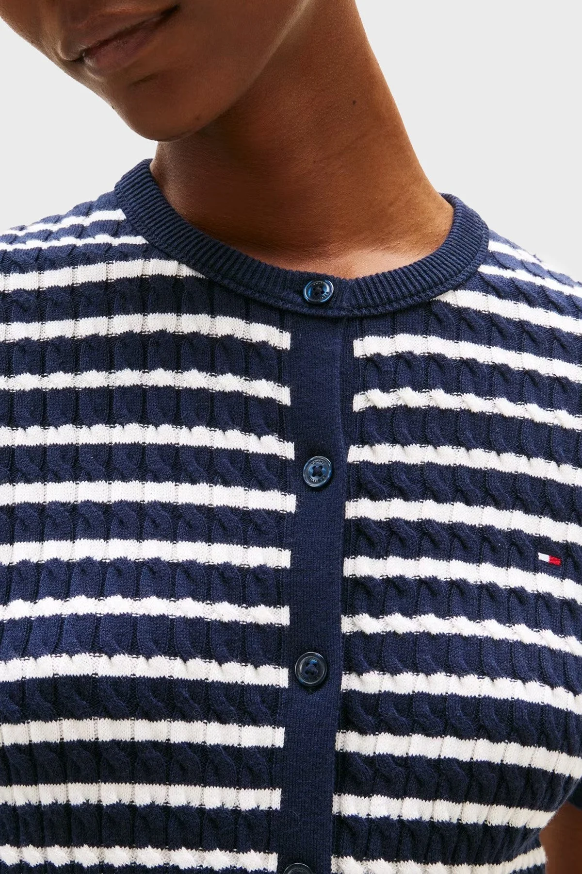 Tommy Hilfiger Pamuklu Regular Fit Kısa Kollu Bisiklet Yaka Kısa Örgü Bayan Hırka WW0WW45707 0BB LACİVERT-BEYAZ - 4