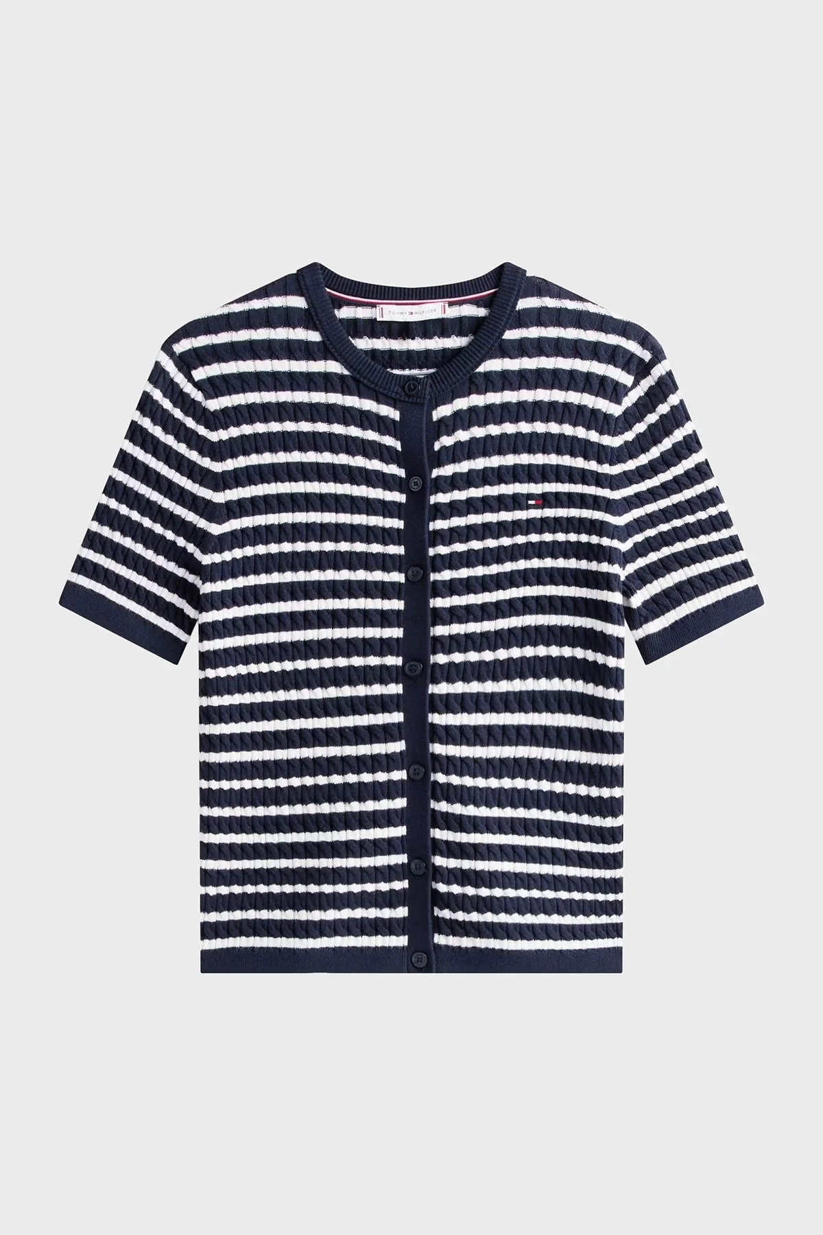 Tommy Hilfiger Pamuklu Regular Fit Kısa Kollu Bisiklet Yaka Kısa Örgü Bayan Hırka WW0WW45707 0BB LACİVERT-BEYAZ - 5