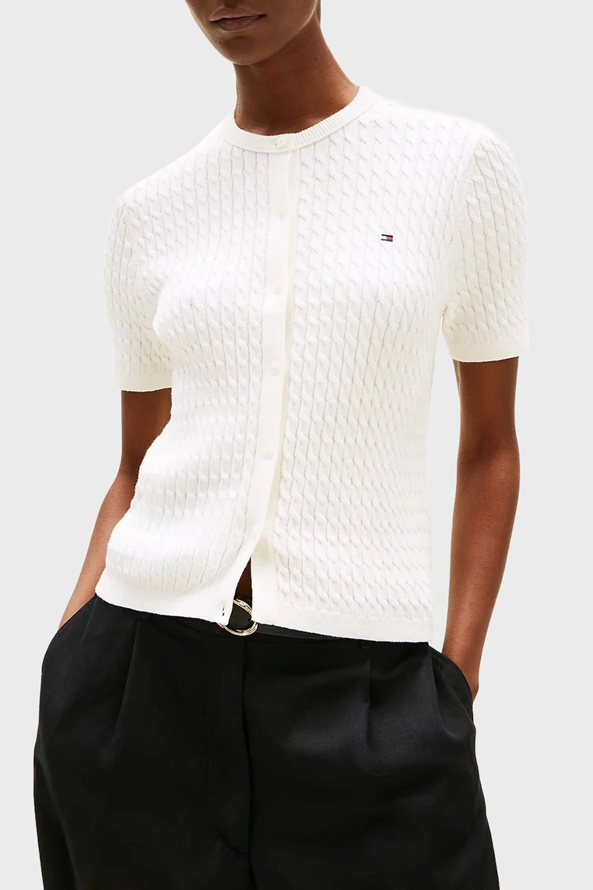 Tommy Hilfiger Pamuklu Regular Fit Kısa Kollu Bisiklet Yaka Kısa Örgü Bayan Hırka WW0WW45707 YA8 BEYAZ - 1