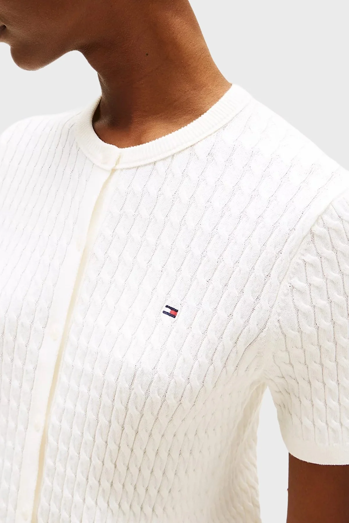Tommy Hilfiger Pamuklu Regular Fit Kısa Kollu Bisiklet Yaka Kısa Örgü Bayan Hırka WW0WW45707 YA8 BEYAZ - 4