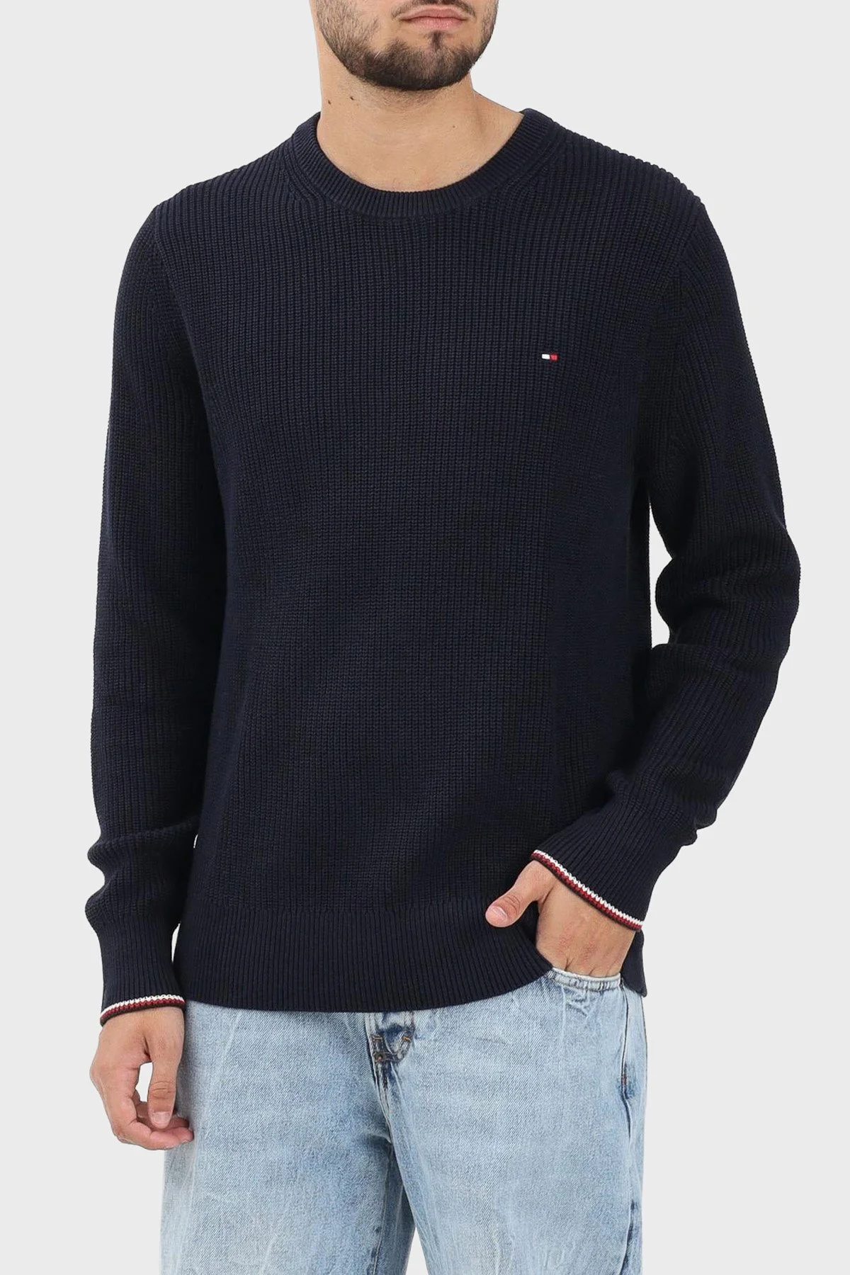 Tommy Hilfiger Pamuklu Regular Fit Logolu Bisiklet Yaka Erkek Kazak MW0MW41516 DW5 LACİVERT - 1