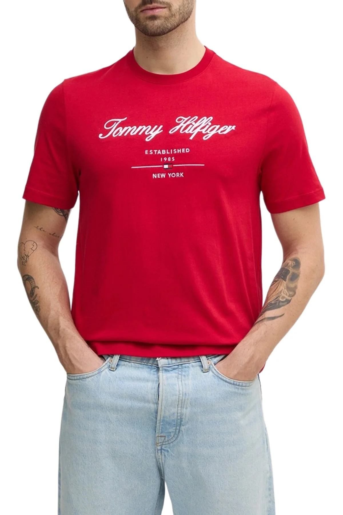 Tommy Hilfiger Pamuklu Regular Fit Logolu Bisiklet Yaka Erkek T Shirt MW0MW33691 XLD KIRMIZI - 1