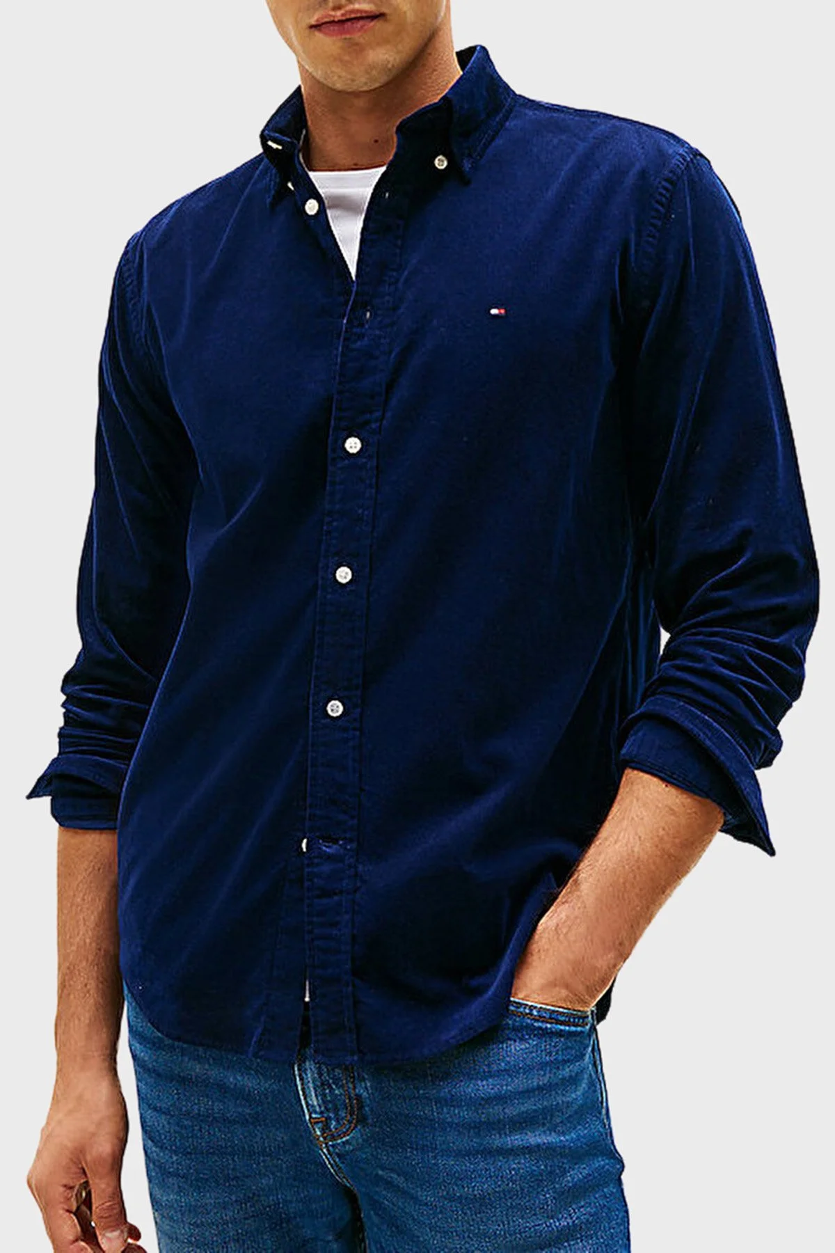 Tommy Hilfiger Pamuklu Regular Fit Logolu Uzun Kollu Erkek Gömlek MW0MW40469 C7G MAVİ - 1