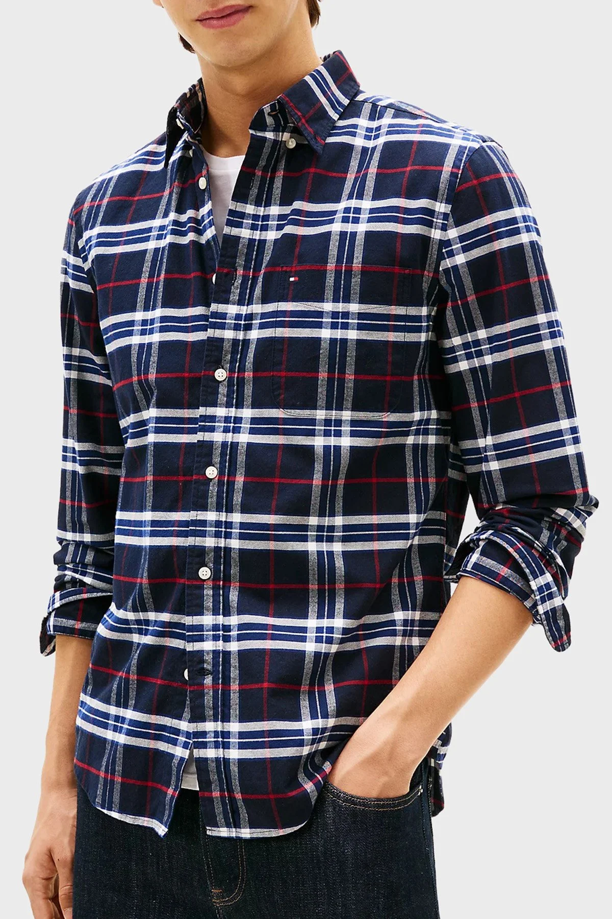 Tommy Hilfiger Pamuklu Regular Fit Uzun Kollu Ekoseli Erkek Gömlek MW0MW40894 0MU LACİVERT-BEYAZ - 1