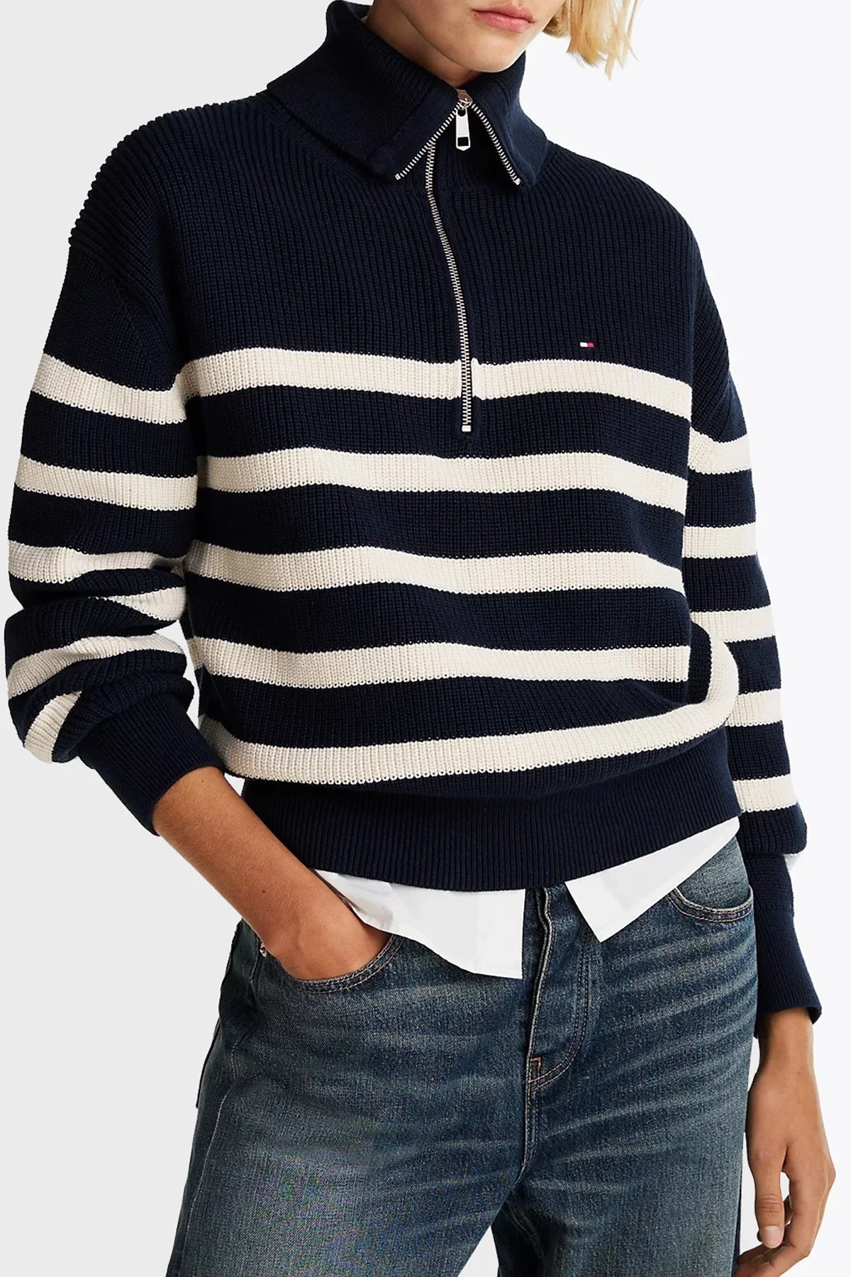 Tommy Hilfiger Pamuklu Regular Fit Yarım Fermuarlı Balıkçı Yaka Bayan Kazak WW0WW42141 0HB LACİVERT-BEJ - 1