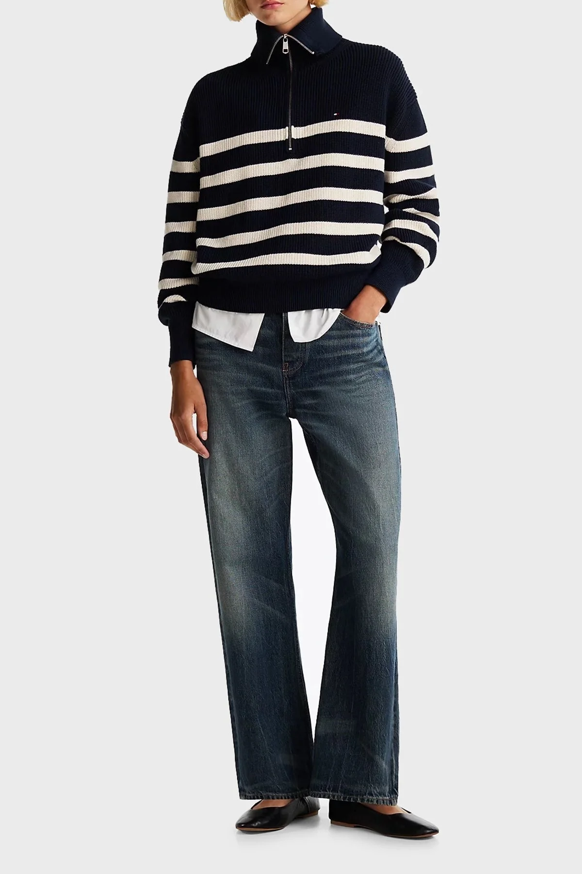 Tommy Hilfiger Pamuklu Regular Fit Yarım Fermuarlı Balıkçı Yaka Bayan Kazak WW0WW42141 0HB LACİVERT-BEJ - 2