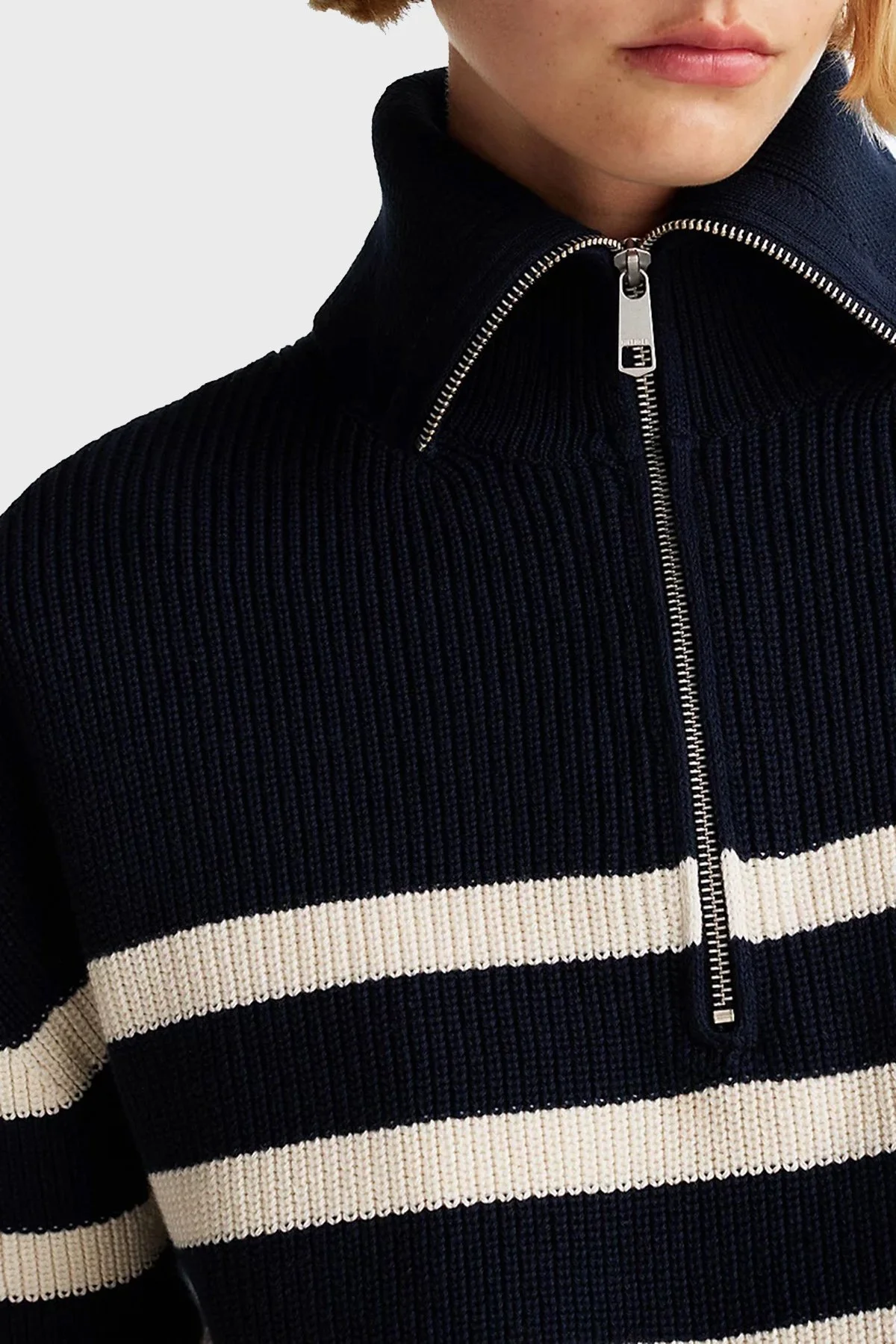 Tommy Hilfiger Pamuklu Regular Fit Yarım Fermuarlı Balıkçı Yaka Bayan Kazak WW0WW42141 0HB LACİVERT-BEJ - 3