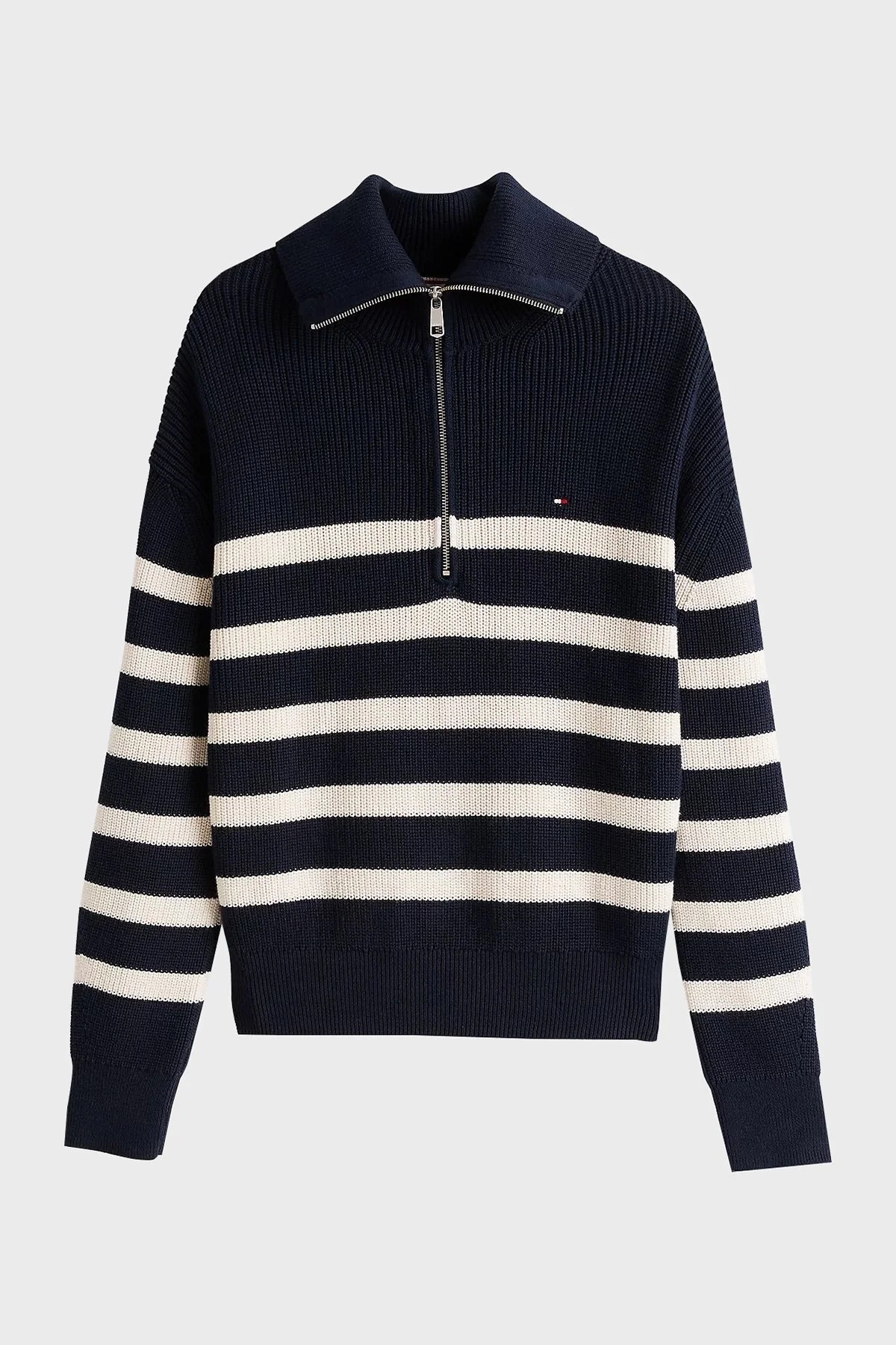 Tommy Hilfiger Pamuklu Regular Fit Yarım Fermuarlı Balıkçı Yaka Bayan Kazak WW0WW42141 0HB LACİVERT-BEJ - 5