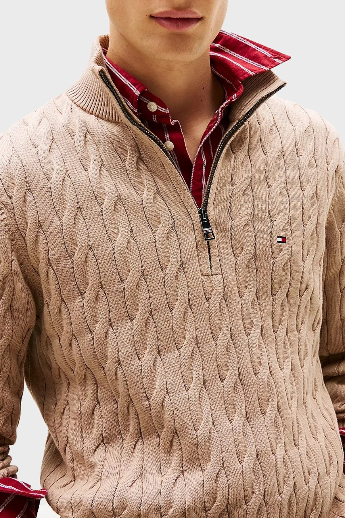 Tommy Hilfiger Pamuklu Regular Fit Yarım Fermuarlı Dik Yaka Erkek Kazak MW0MW36532 AFE BEJ - 4