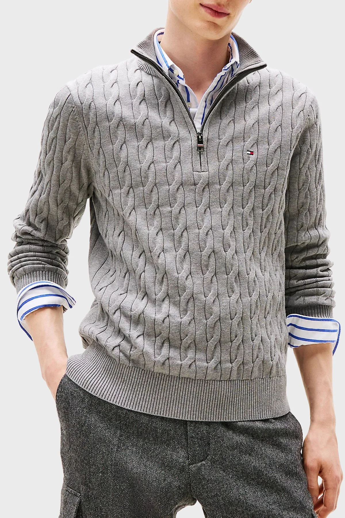 Tommy Hilfiger Pamuklu Regular Fit Yarım Fermuarlı Dik Yaka Erkek Kazak MW0MW36532 P91 GRİ - 1