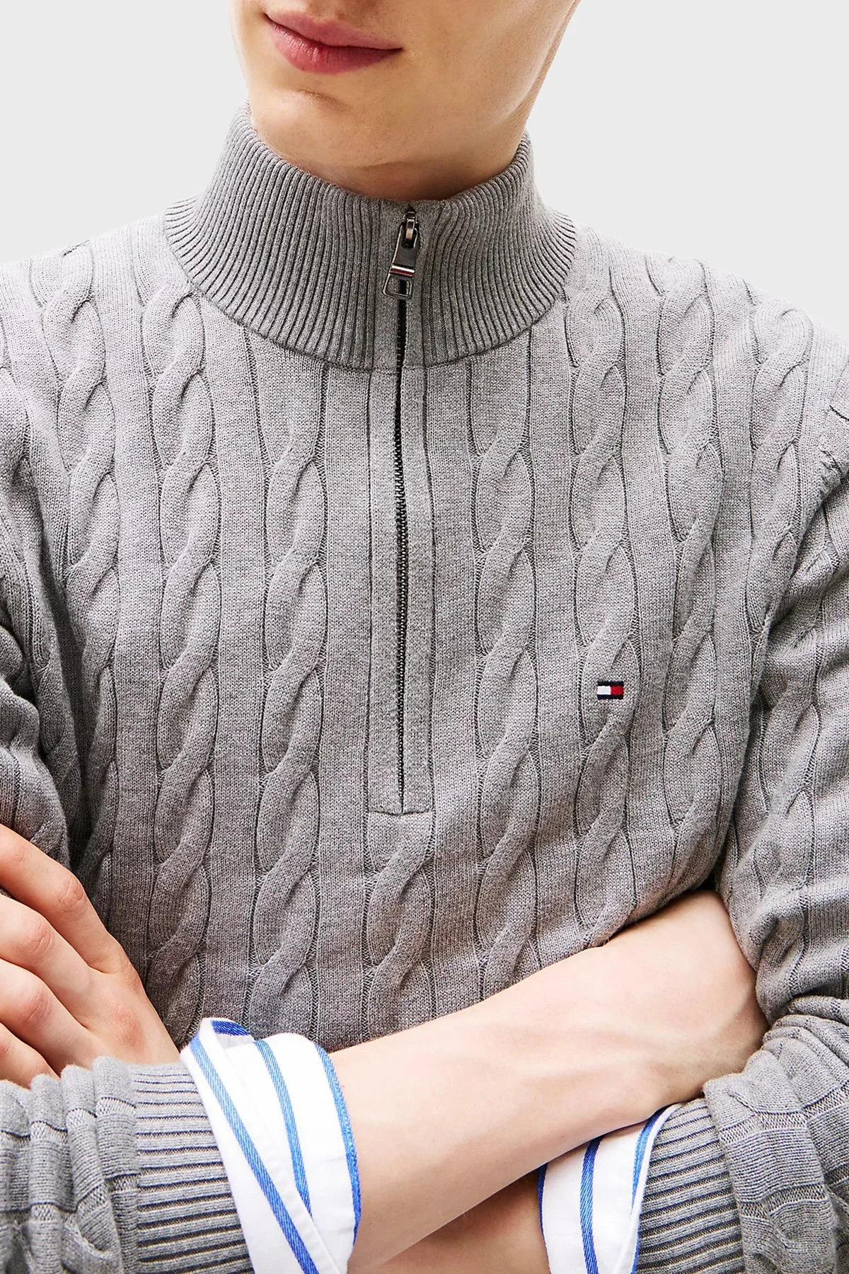 Tommy Hilfiger Pamuklu Regular Fit Yarım Fermuarlı Dik Yaka Erkek Kazak MW0MW36532 P91 GRİ - 4