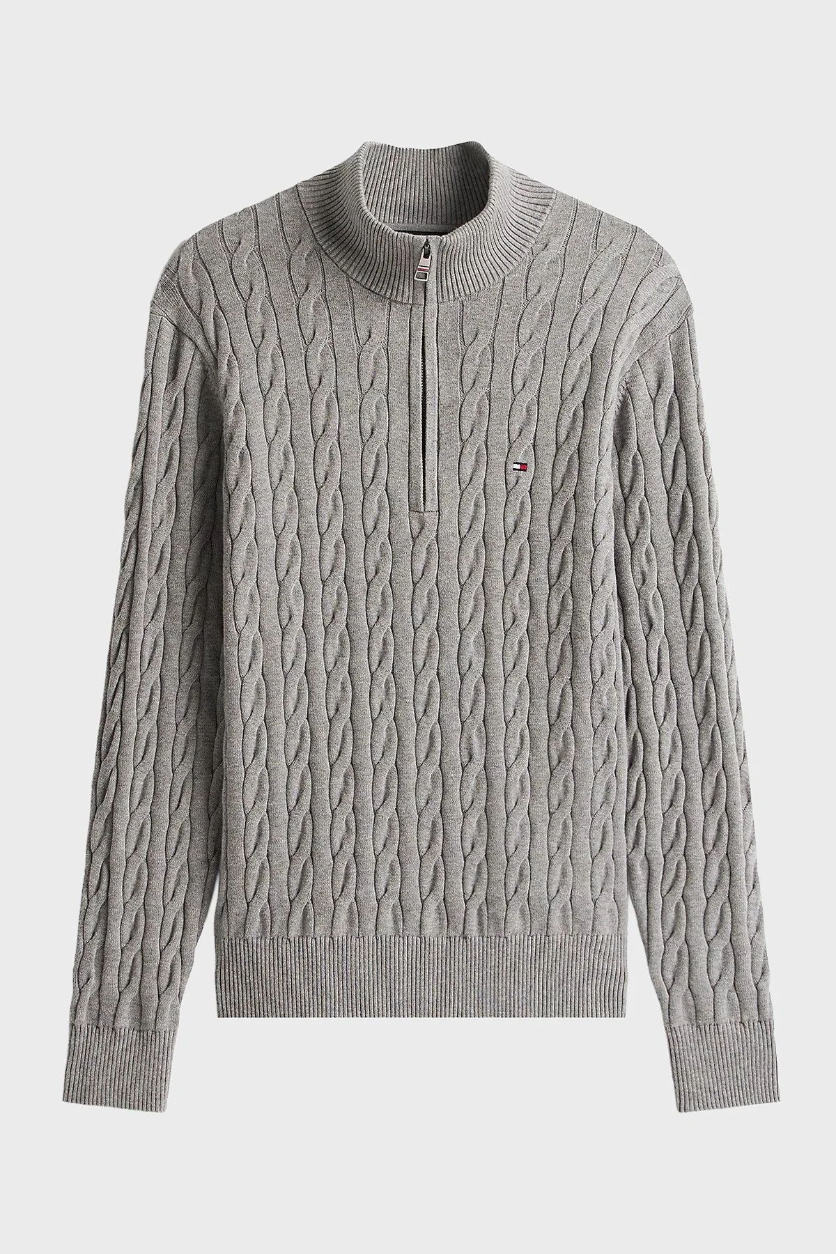 Tommy Hilfiger Pamuklu Regular Fit Yarım Fermuarlı Dik Yaka Erkek Kazak MW0MW36532 P91 GRİ - 5