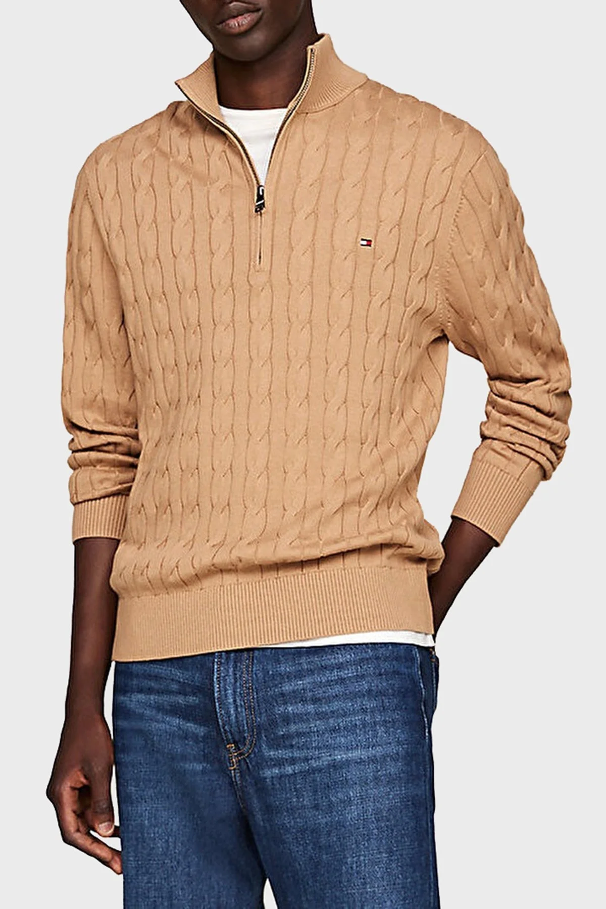 Tommy Hilfiger Pamuklu Regular Fit Yarım Fermuarlı Dik Yaka Erkek Kazak MW0MW36532 RBC KOYU HAKİ - 1