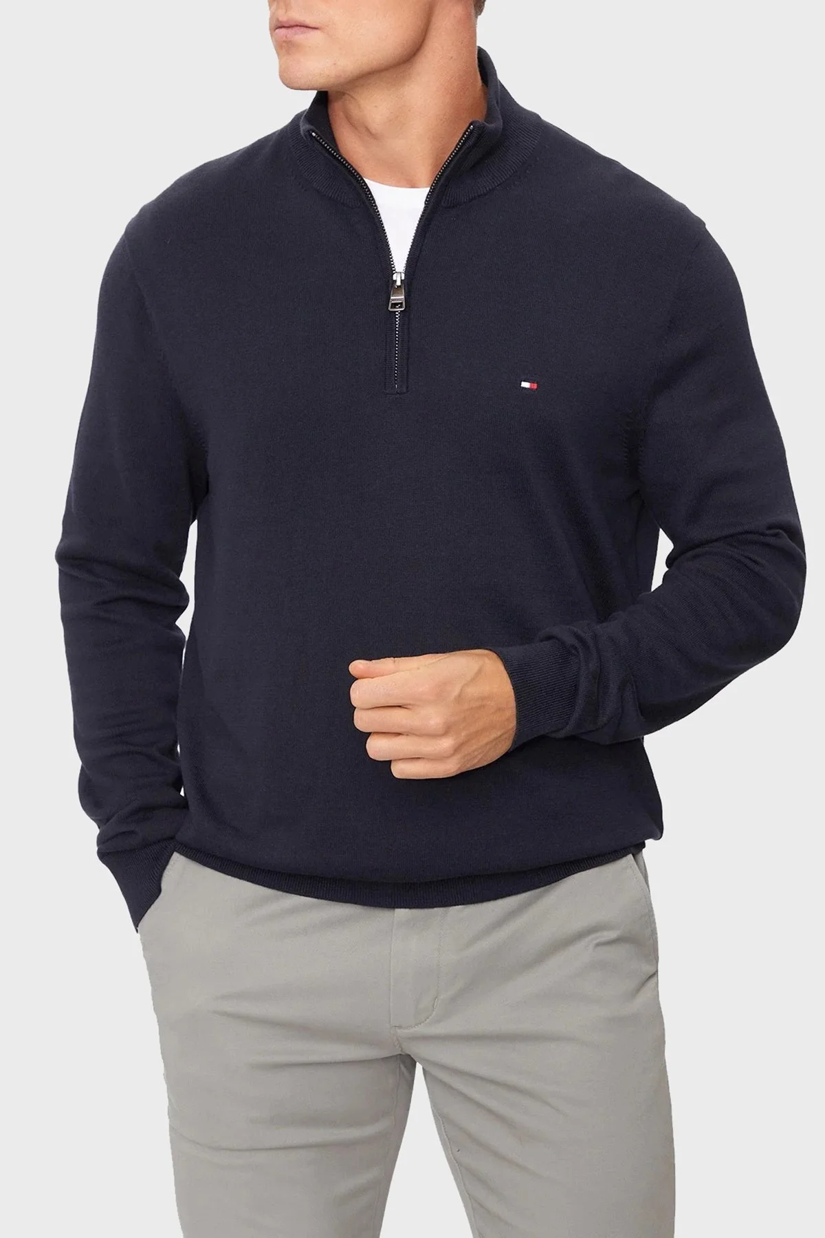 Tommy Hilfiger Pamuklu Regular Fit Yarım Fermuarlı Dik Yaka Erkek Kazak MW0MW37331 DW5 LACİVERT - 1