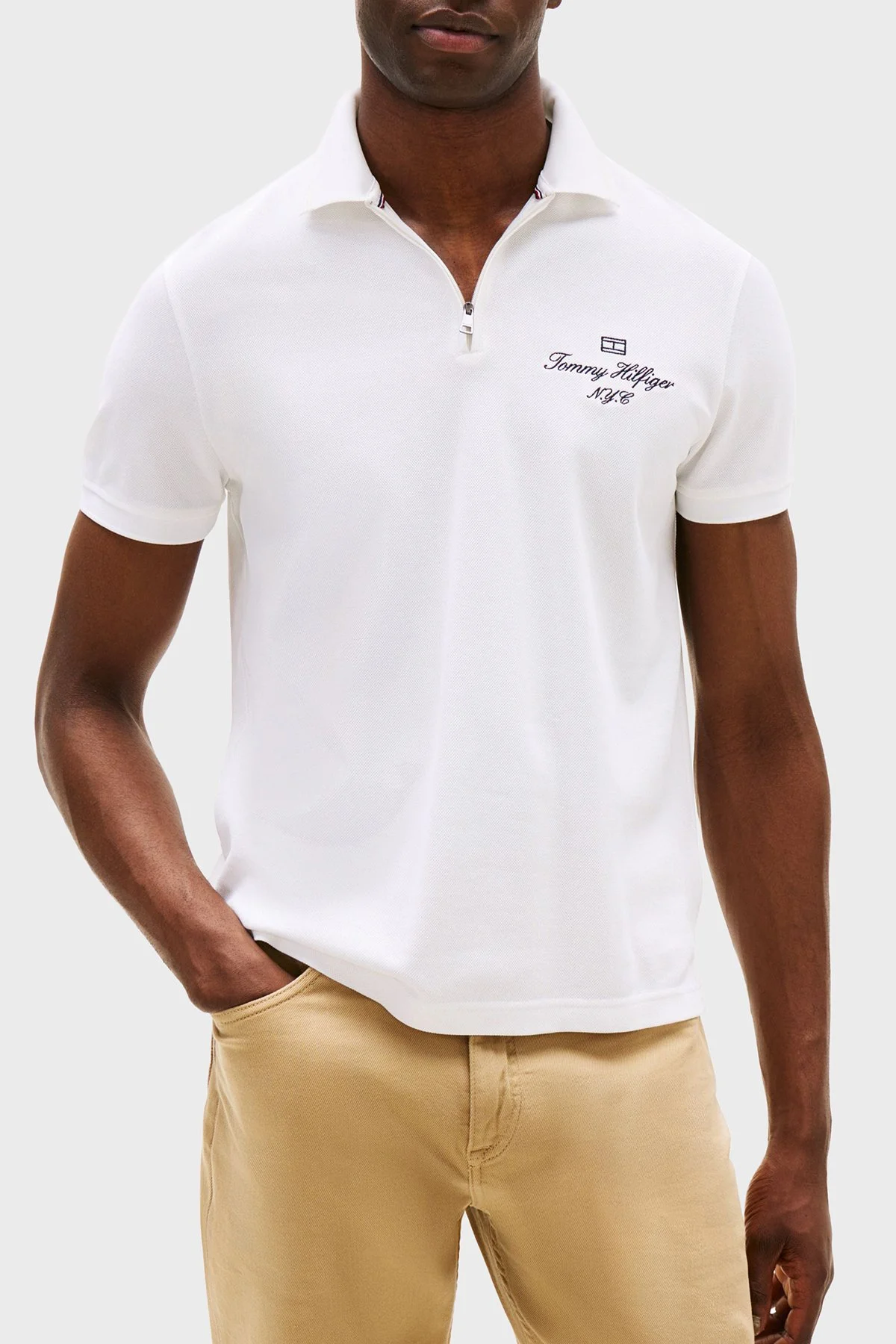 Tommy Hilfiger Pamuklu Regular Fit Yarım Fermuarlı Erkek Polo Yaka T Shirt MW0MW39550 YBR BEYAZ - 6