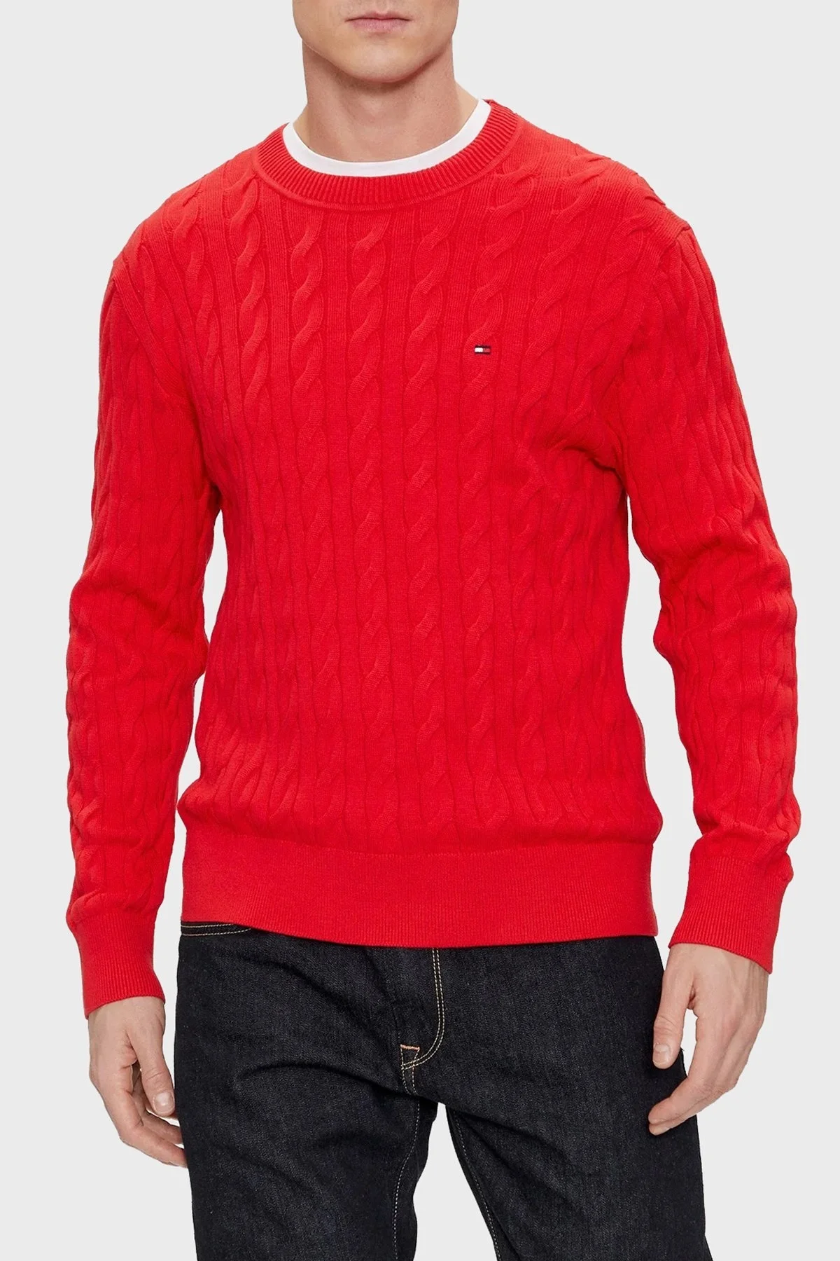 Tommy Hilfiger Pamuklu Relaxed Fit Bisiklet Yaka Örme Erkek Kazak MW0MW33132 XLG KIRMIZI - 5