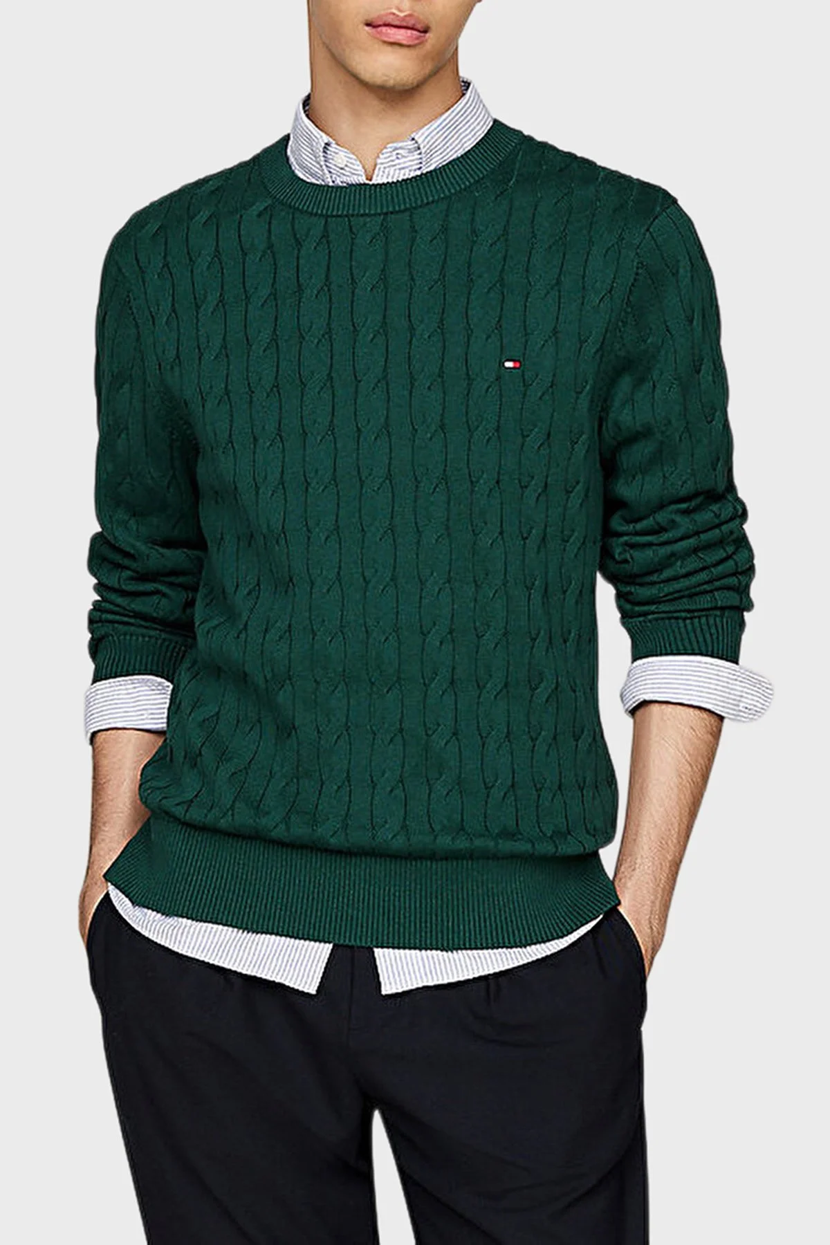 Tommy Hilfiger Pamuklu Relaxed Fit Örgülü Bisiklet Yaka Erkek Kazak MW0MW33132 L6K YEŞİL - 1