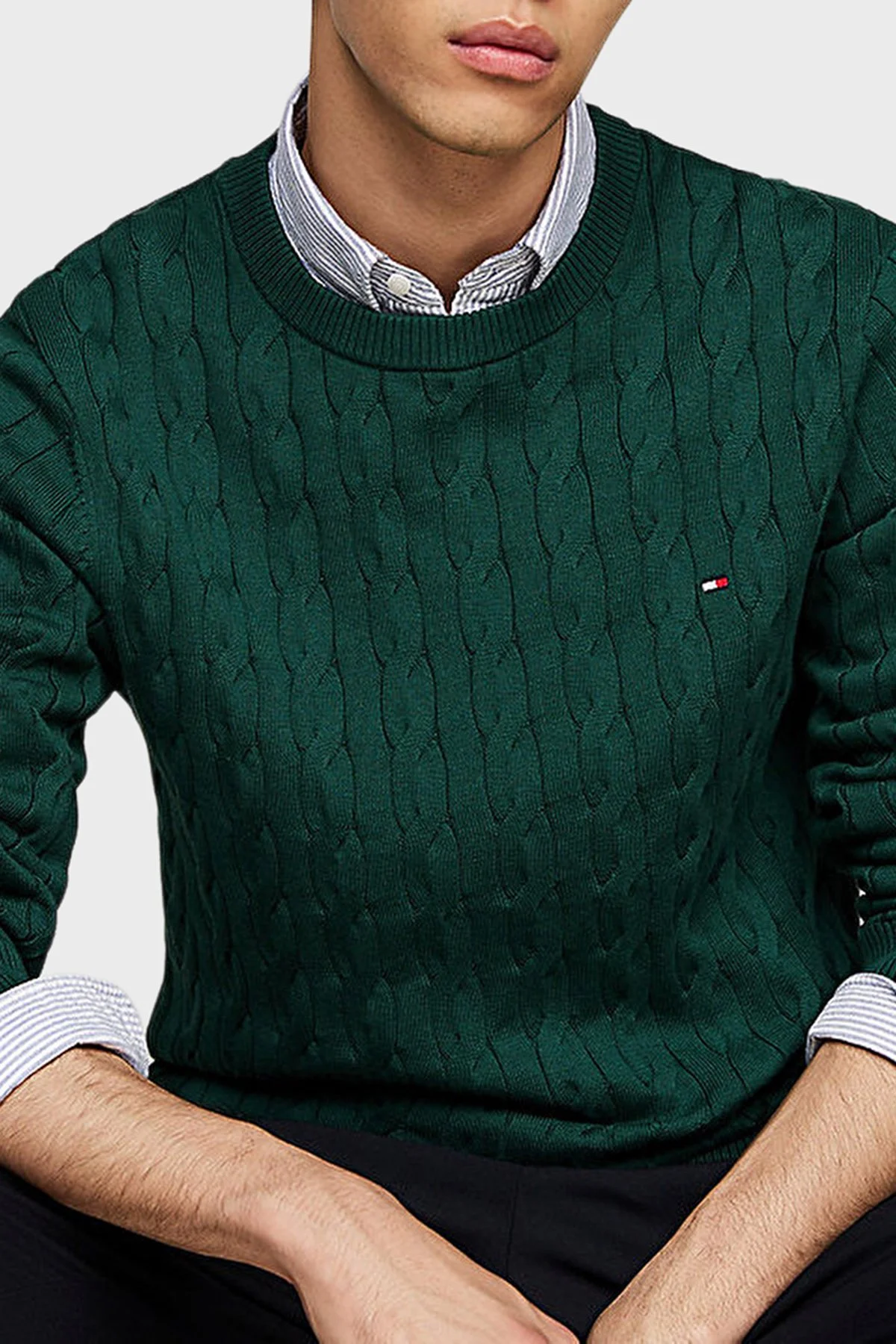 Tommy Hilfiger Pamuklu Relaxed Fit Örgülü Bisiklet Yaka Erkek Kazak MW0MW33132 L6K YEŞİL - 3