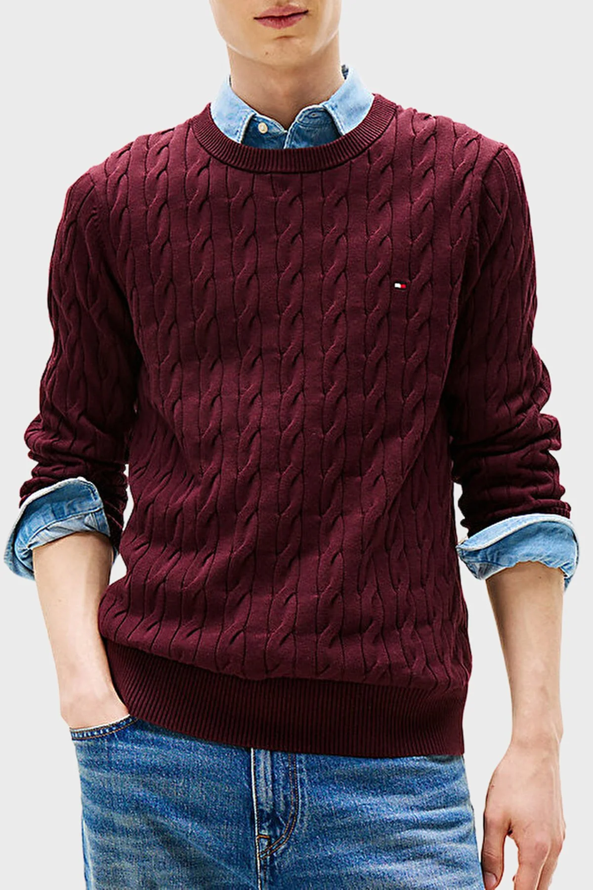 Tommy Hilfiger Pamuklu Relaxed Fit Örgülü Bisiklet Yaka Erkek Kazak MW0MW33132 XIH BORDO - 1