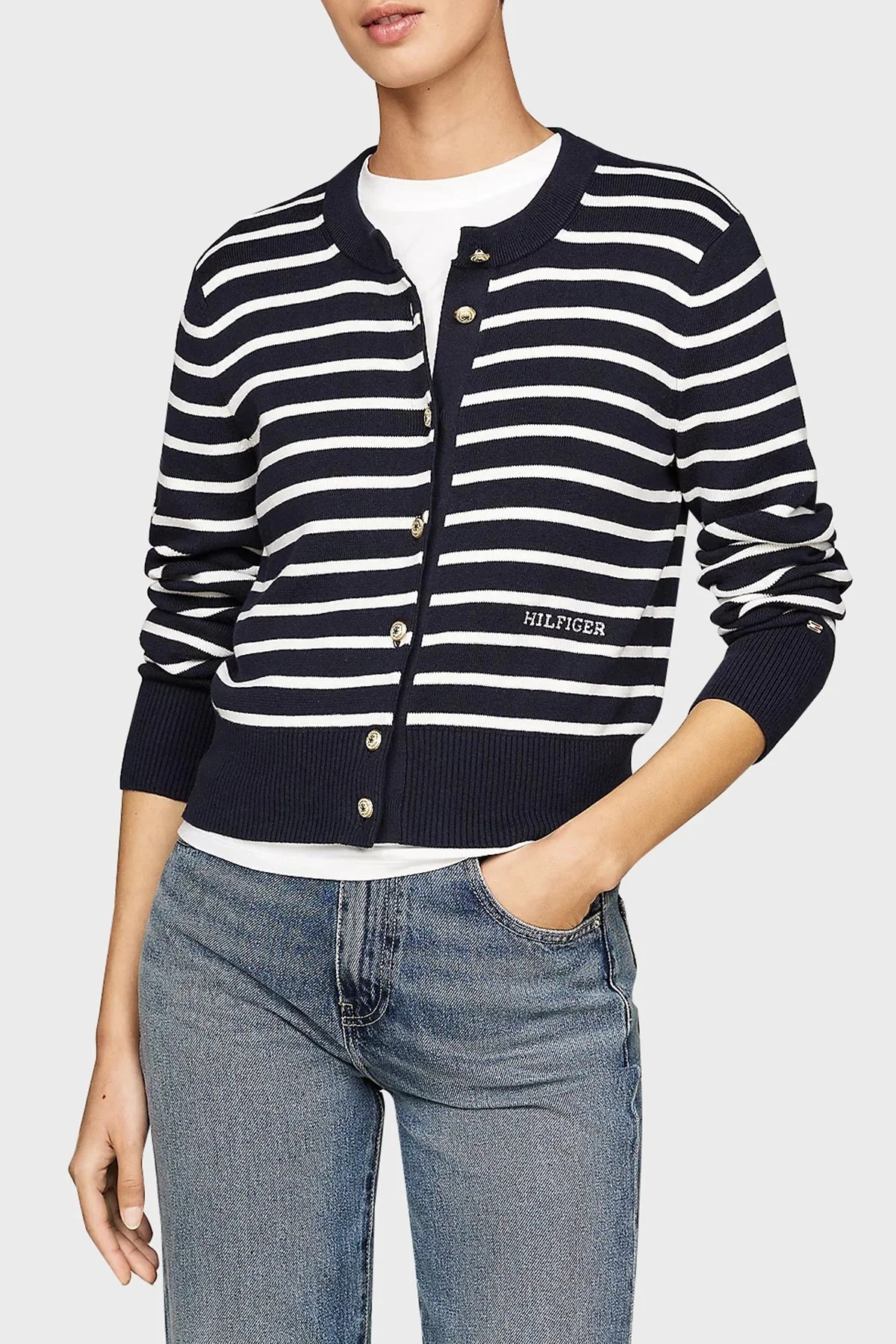 Tommy Hilfiger Pamuklu Slim Fit Çizgili Bayan Hırka WW0WW43148 0AA BEJ - 1