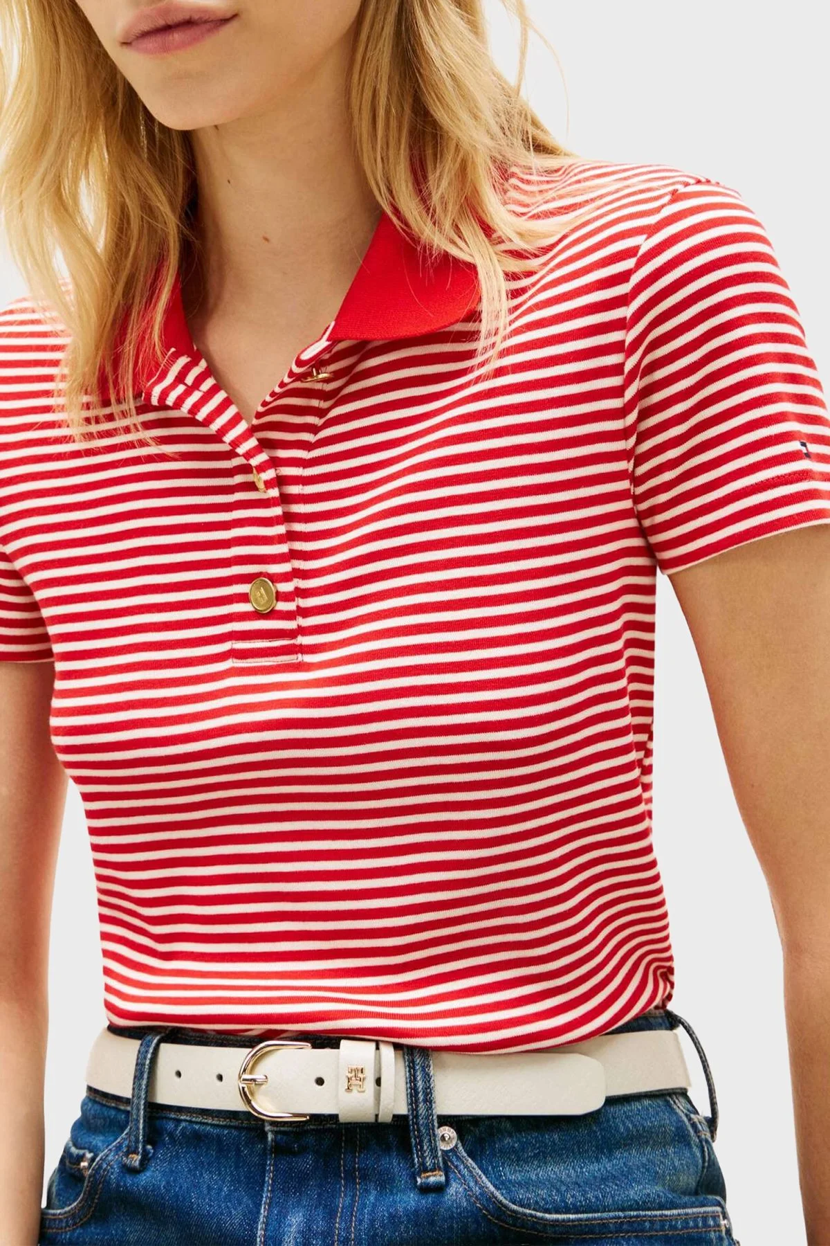 Tommy Hilfiger Pamuklu Slim Fit Düğmeli Bayan Polo Yaka T Shirt WW0WW49252 0EY KIRMIZI-BEYAZ - 4
