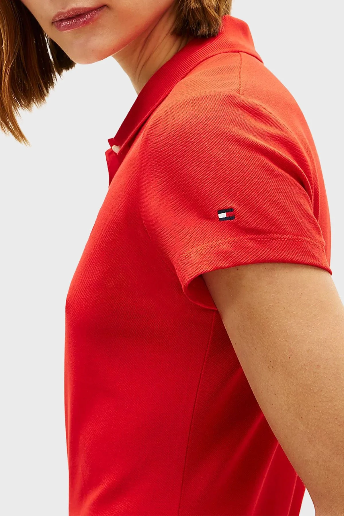 Tommy Hilfiger Pamuklu Slim Fit Düğmeli Bayan Polo Yaka T Shirt WW0WW49259 SNE KIRMIZI - 4