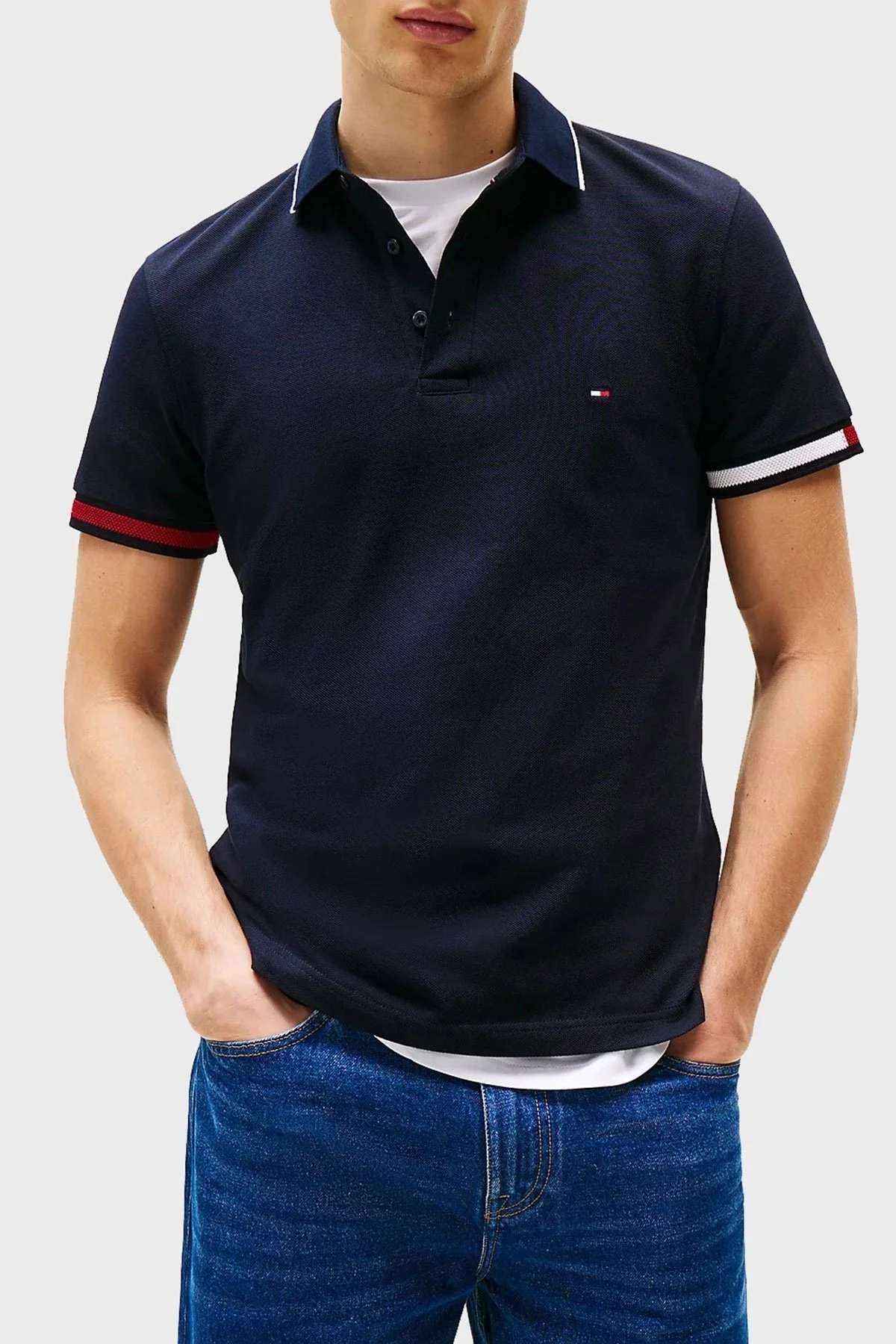 Tommy Hilfiger Pamuklu Slim Fit Düğmeli Erkek Polo Yaka T Shirt MW0MW38458 DW5 LACİVERT - 6