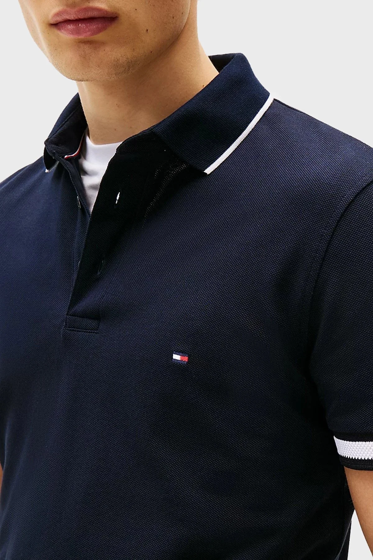 Tommy Hilfiger Pamuklu Slim Fit Düğmeli Erkek Polo Yaka T Shirt MW0MW38458 DW5 LACİVERT - 9