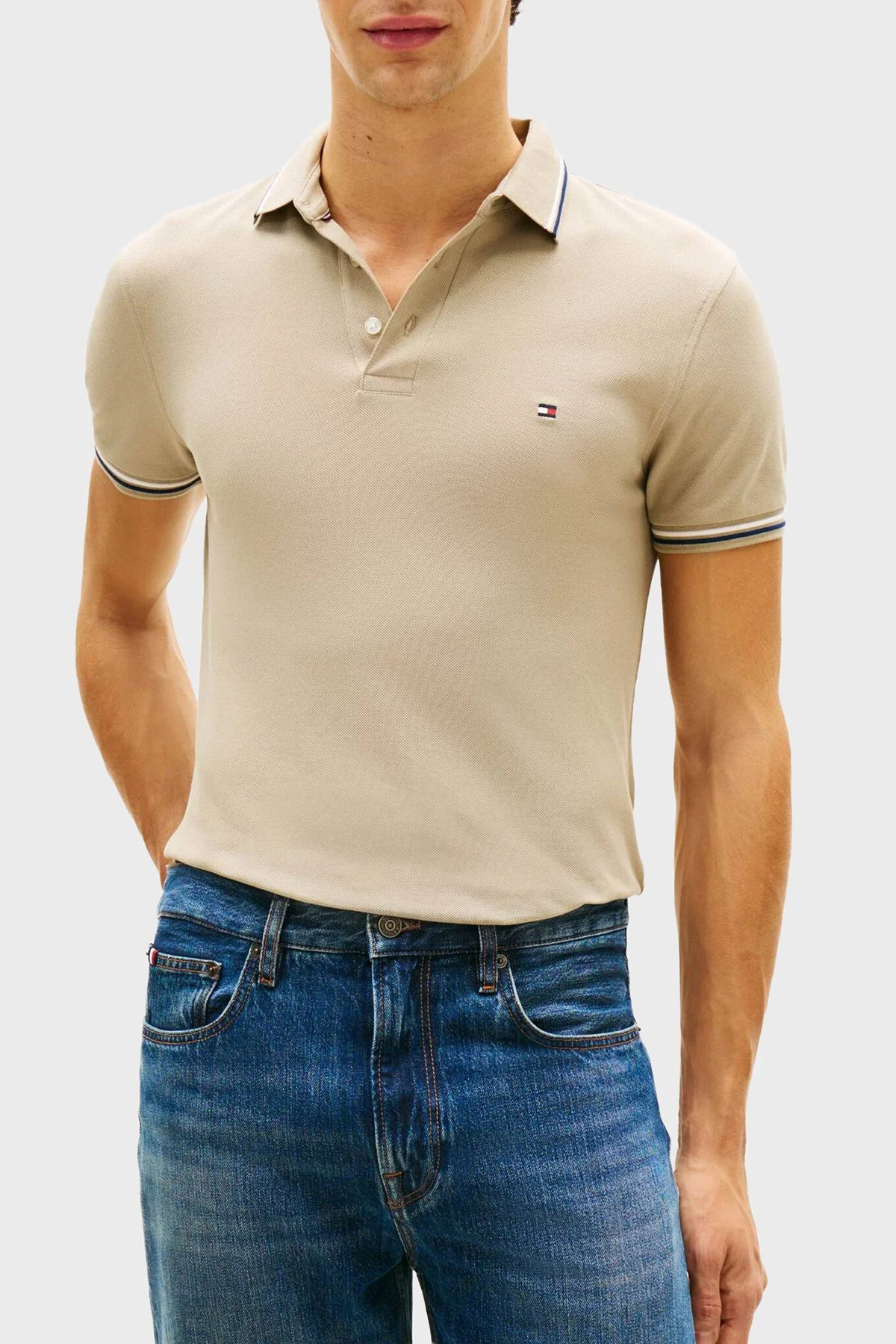 Tommy Hilfiger Pamuklu Slim Fit Düğmeli Erkek Polo Yaka T Shirt MW0MW39993 RBT KUM - 1