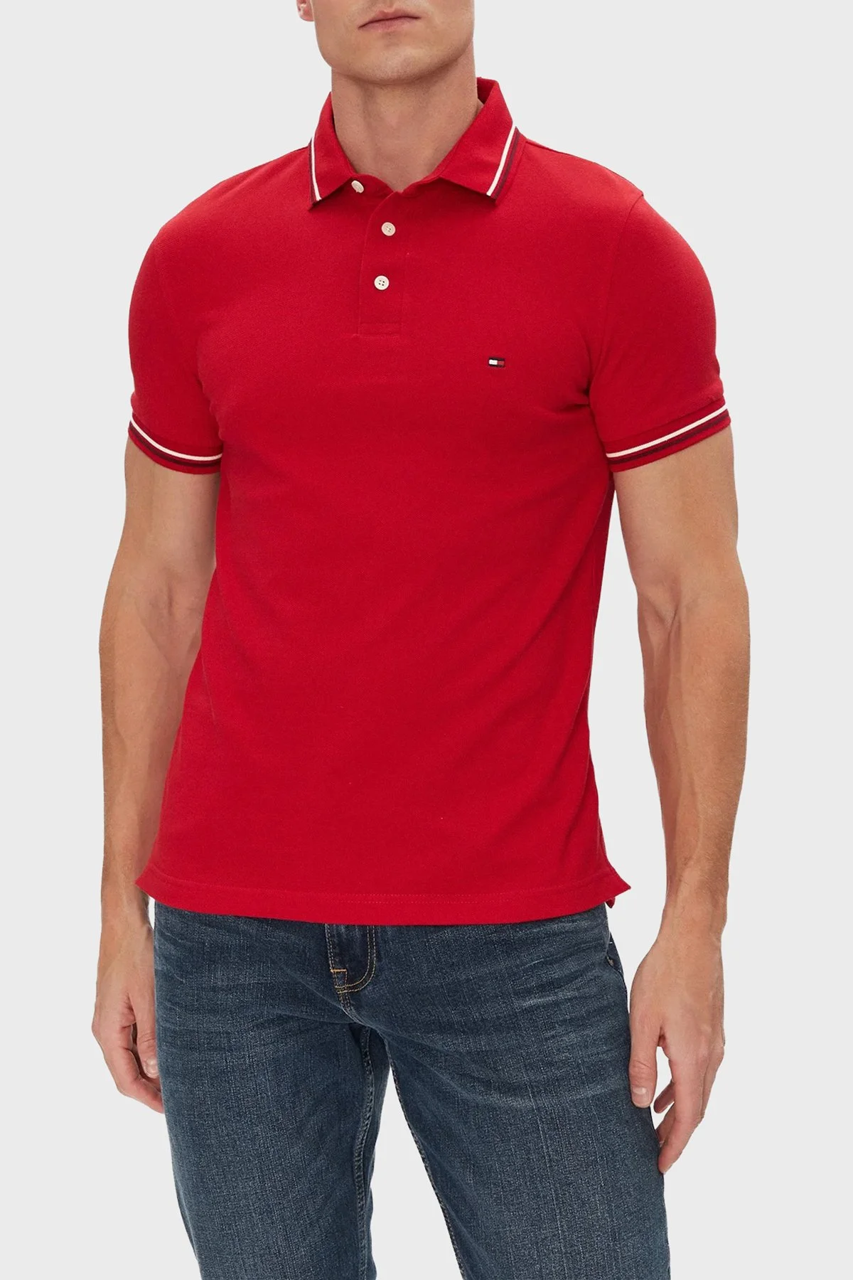 Tommy Hilfiger Pamuklu Slim Fit Düğmeli Erkek Polo Yaka T Shirt MW0MW39993 XLD KIRMIZI - 1