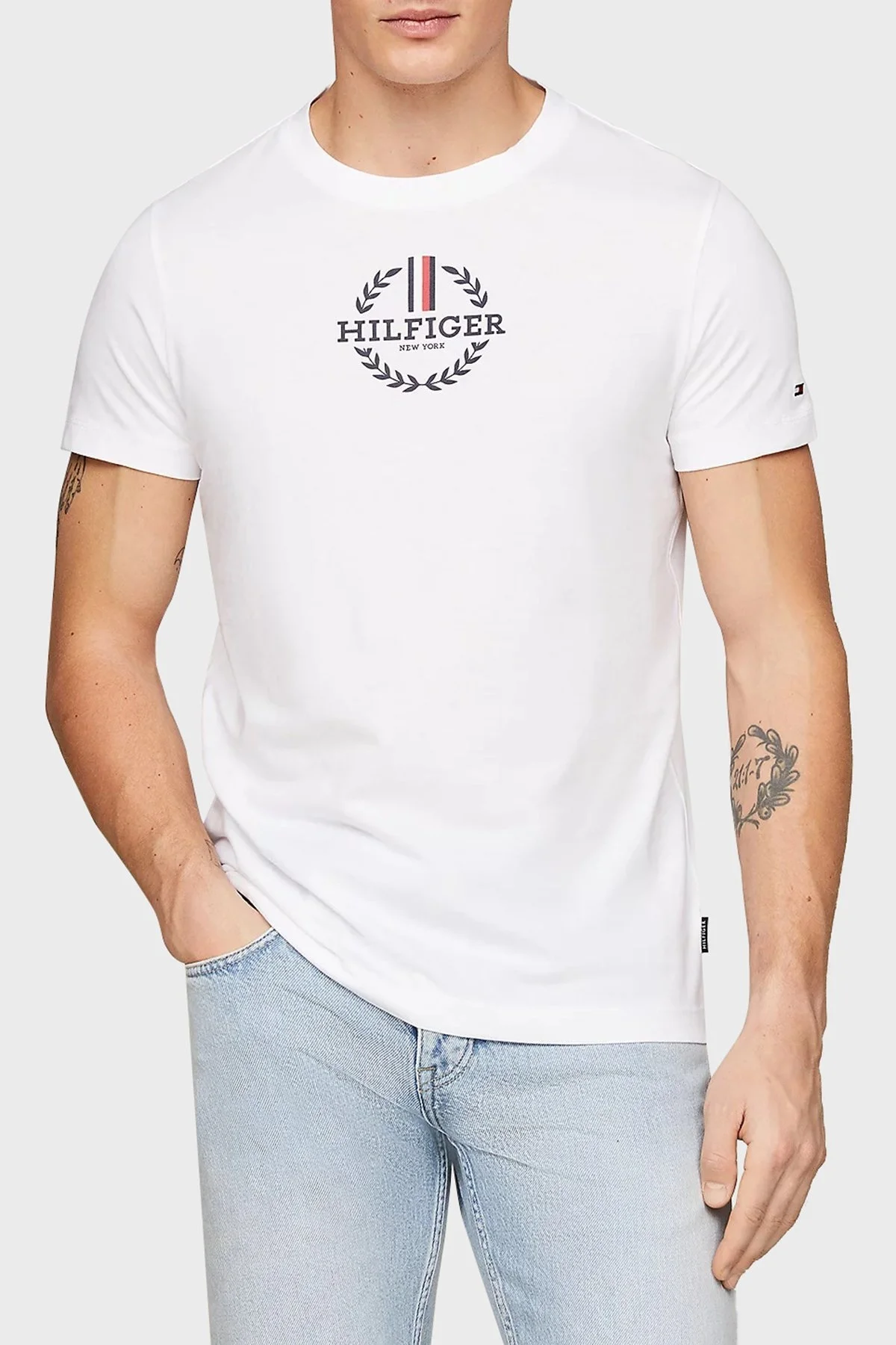 Tommy Hilfiger Pamuklu Slim Fit Erkek T Shirt MW0MW34388 YBR BEYAZ - 1