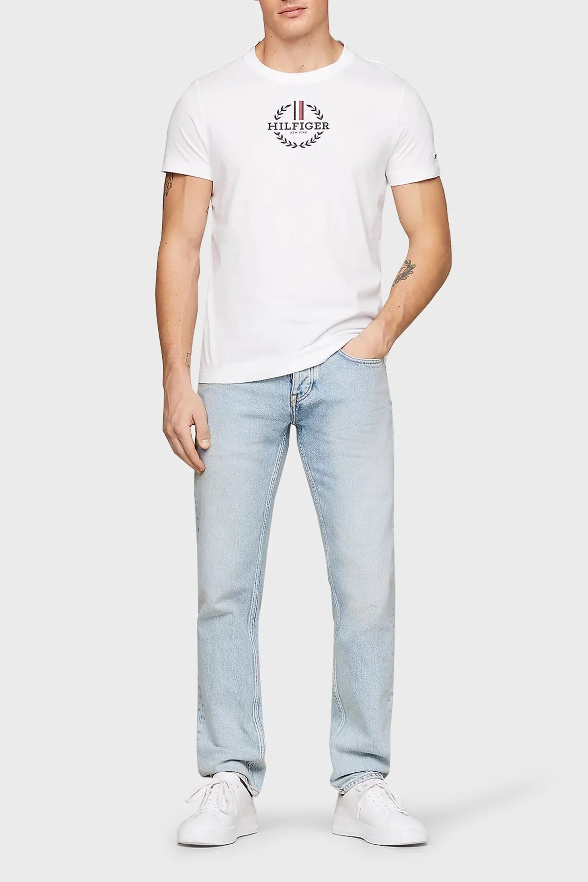 Tommy Hilfiger Pamuklu Slim Fit Erkek T Shirt MW0MW34388 YBR BEYAZ - 3