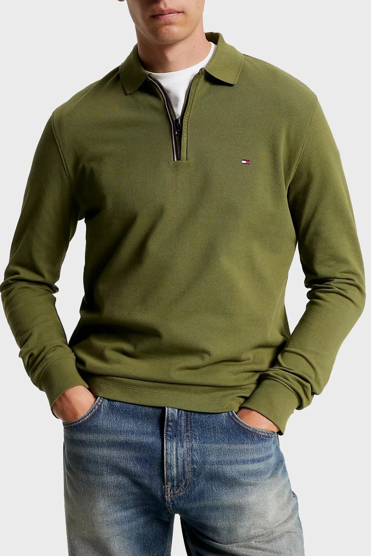 Tommy Hilfiger Pamuklu Slim Fit Fermuarlı Polo Yaka Erkek Sweat MW0MW33267 MS2 KOYU YEŞİL - 1