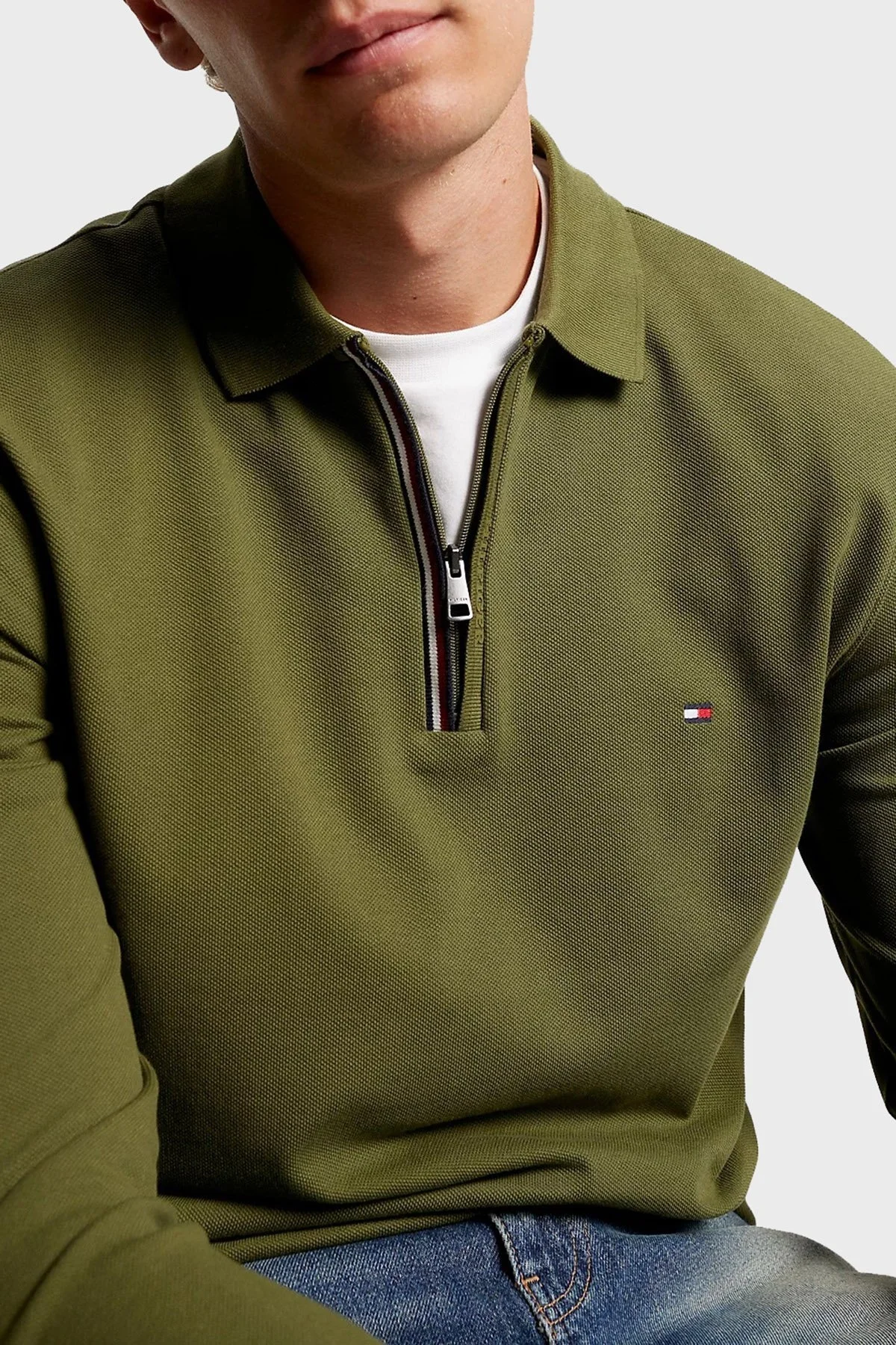 Tommy Hilfiger Pamuklu Slim Fit Fermuarlı Polo Yaka Erkek Sweat MW0MW33267 MS2 KOYU YEŞİL - 3