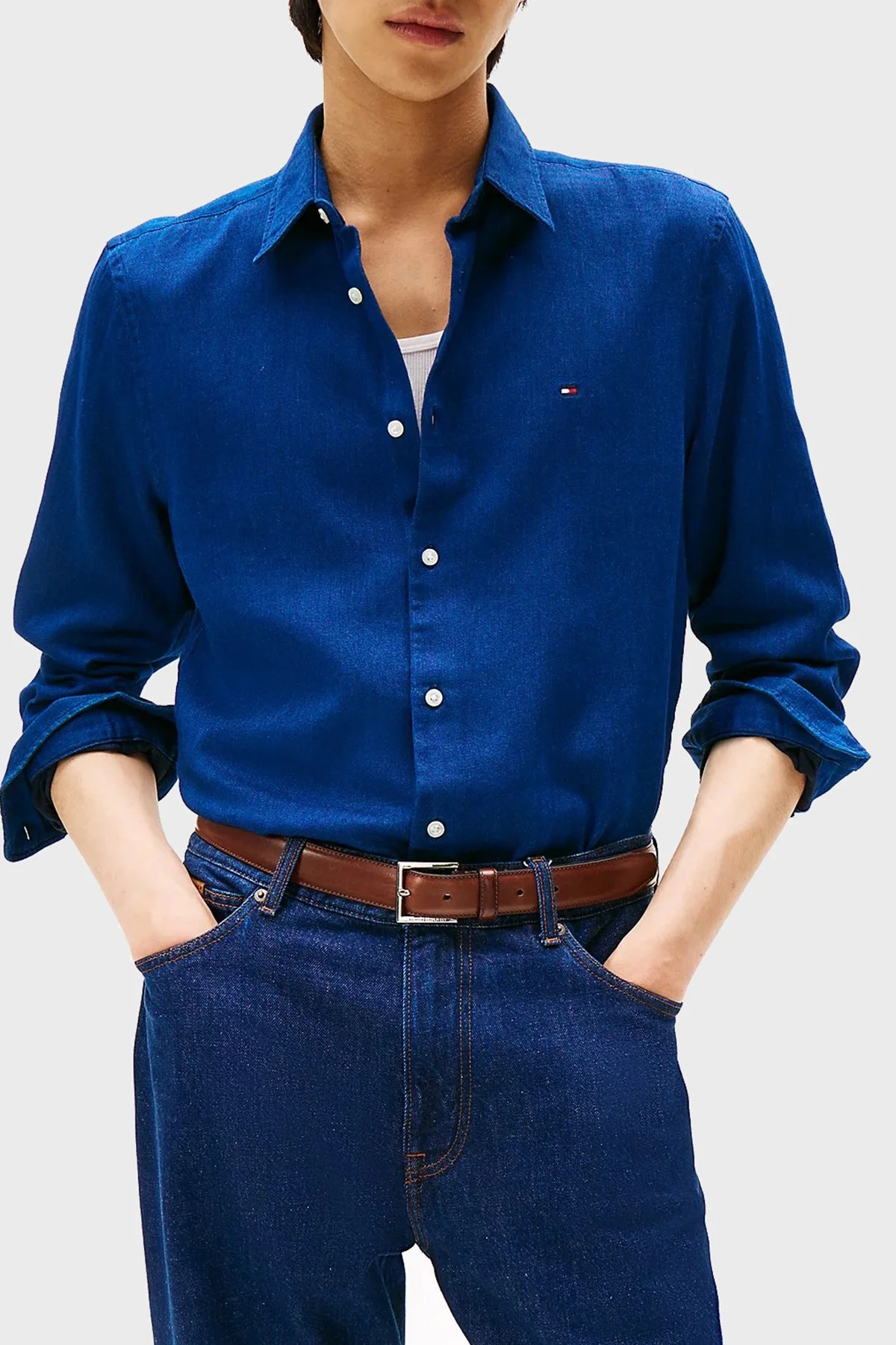 Tommy Hilfiger Pamuklu Slim Fit Klasik Yaka Uzun Kollu Erkek Gömlek MW0MW40498 0GY MAVİ - 1