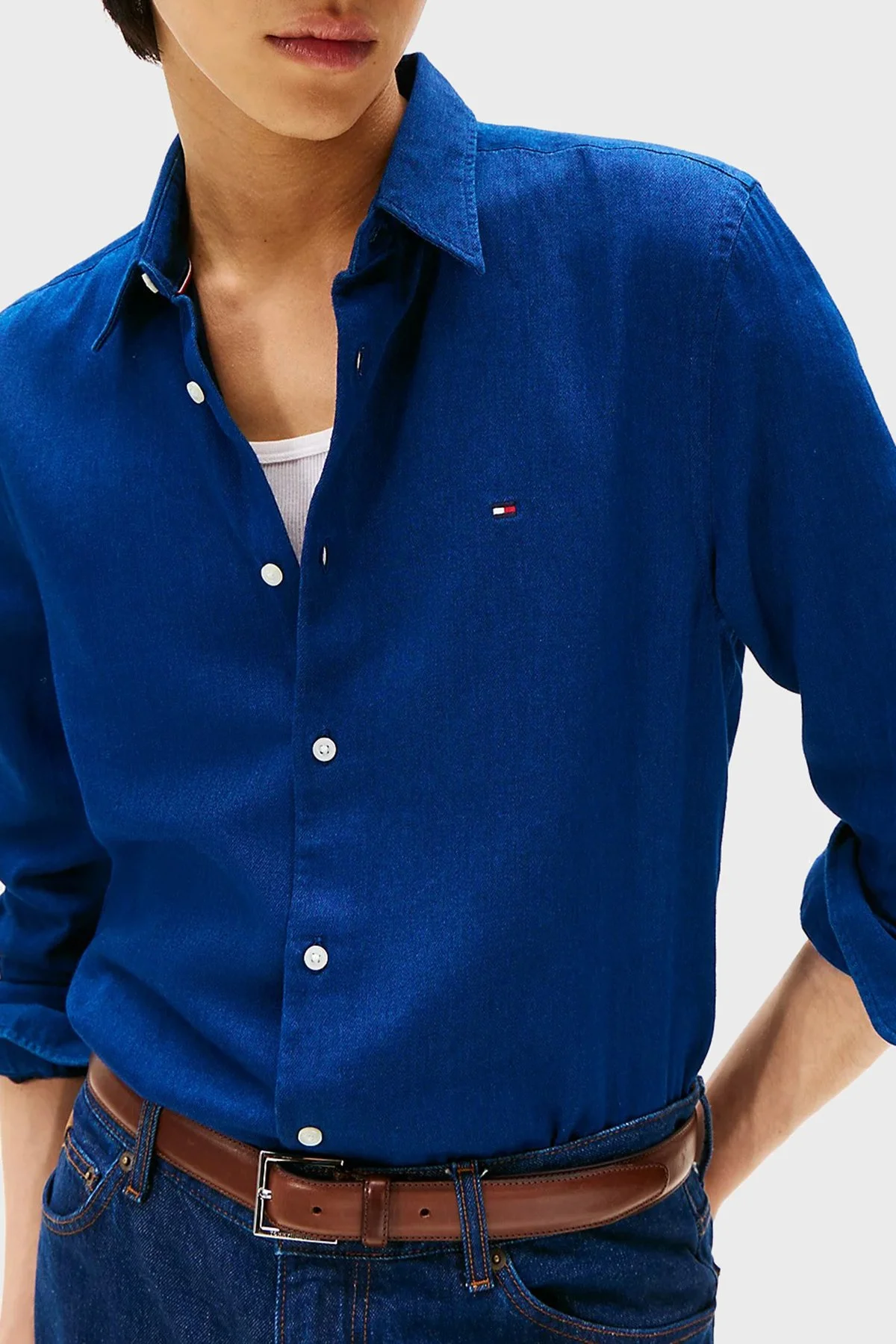 Tommy Hilfiger Pamuklu Slim Fit Klasik Yaka Uzun Kollu Erkek Gömlek MW0MW40498 0GY MAVİ - 4