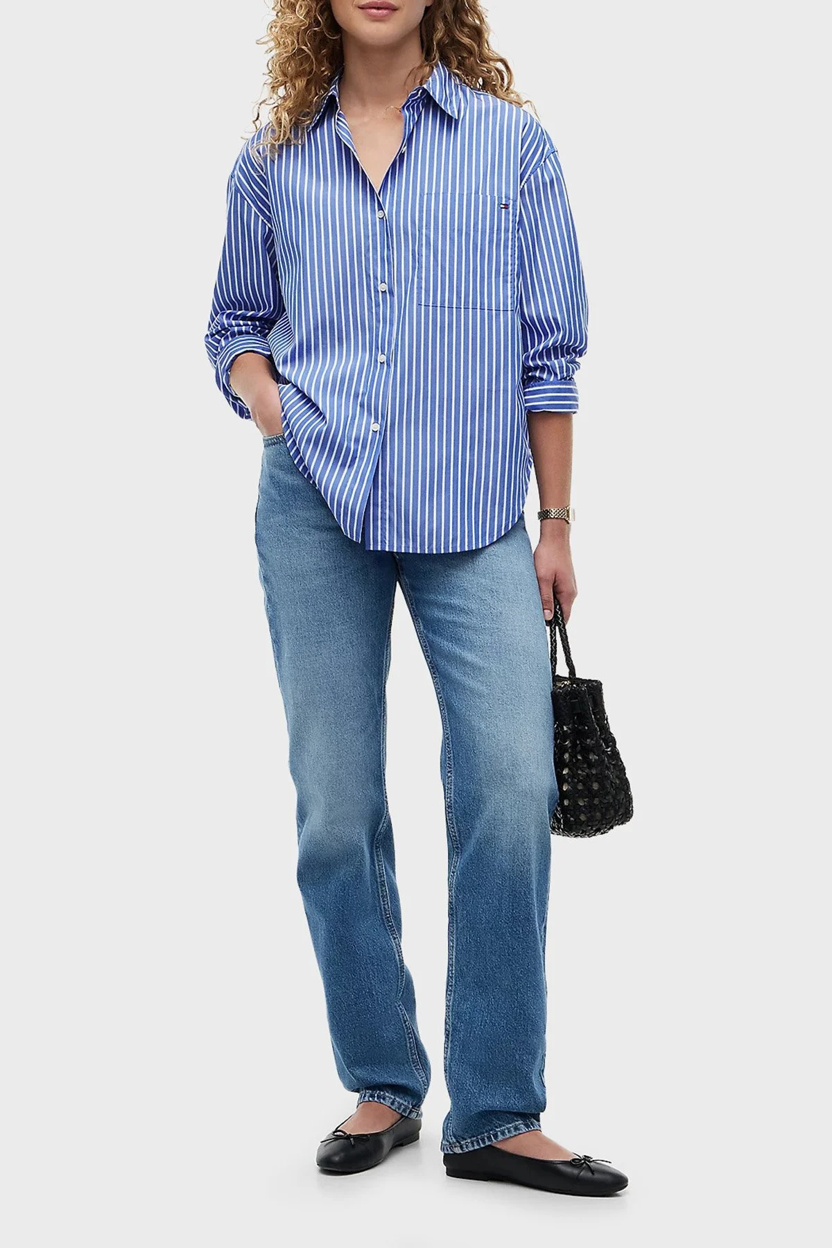 Tommy Hilfiger Poplin Çizgili Oversize Kadın Gömlek WW0WW51120 0BH Mavi - 2