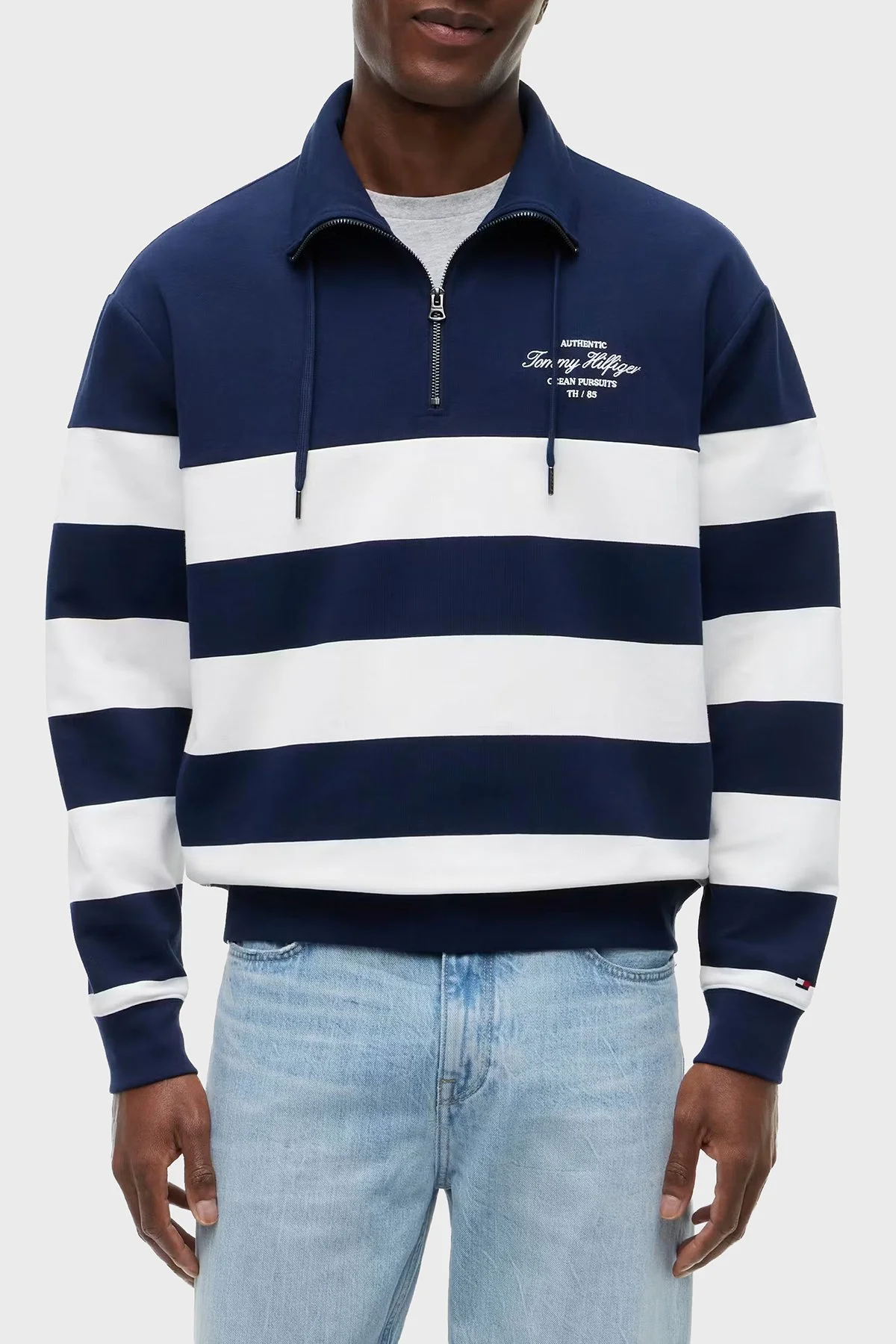 Tommy Hilfiger Relaxed Fit Fermuarlı Yaka Çizgili Erkek Sweat MW0MW43190 DCC Lacivert - 1