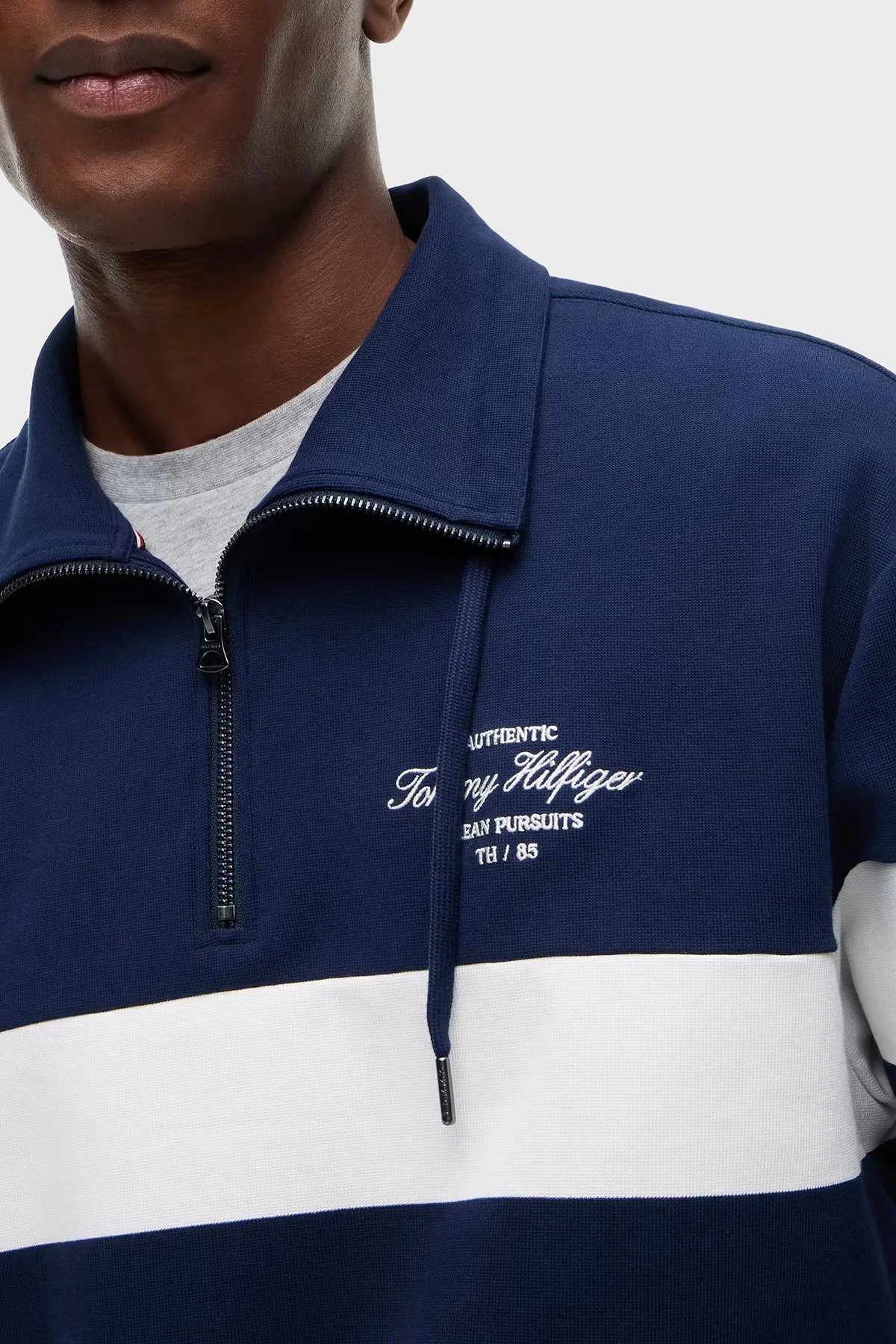 Tommy Hilfiger Relaxed Fit Fermuarlı Yaka Çizgili Erkek Sweat MW0MW43190 DCC Lacivert - 4